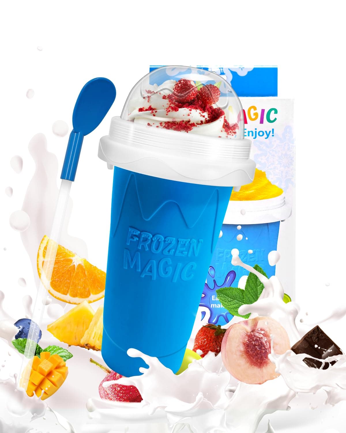 Slushy Maker, DIY Magic Slushy Maker Squeeze Cup, Portable Smoothie Squeeze for Juices, Milk and Ice Cream Make, Double Layers Silica Cup with Lid & Straw for Kids, Friends, Family (Blue)