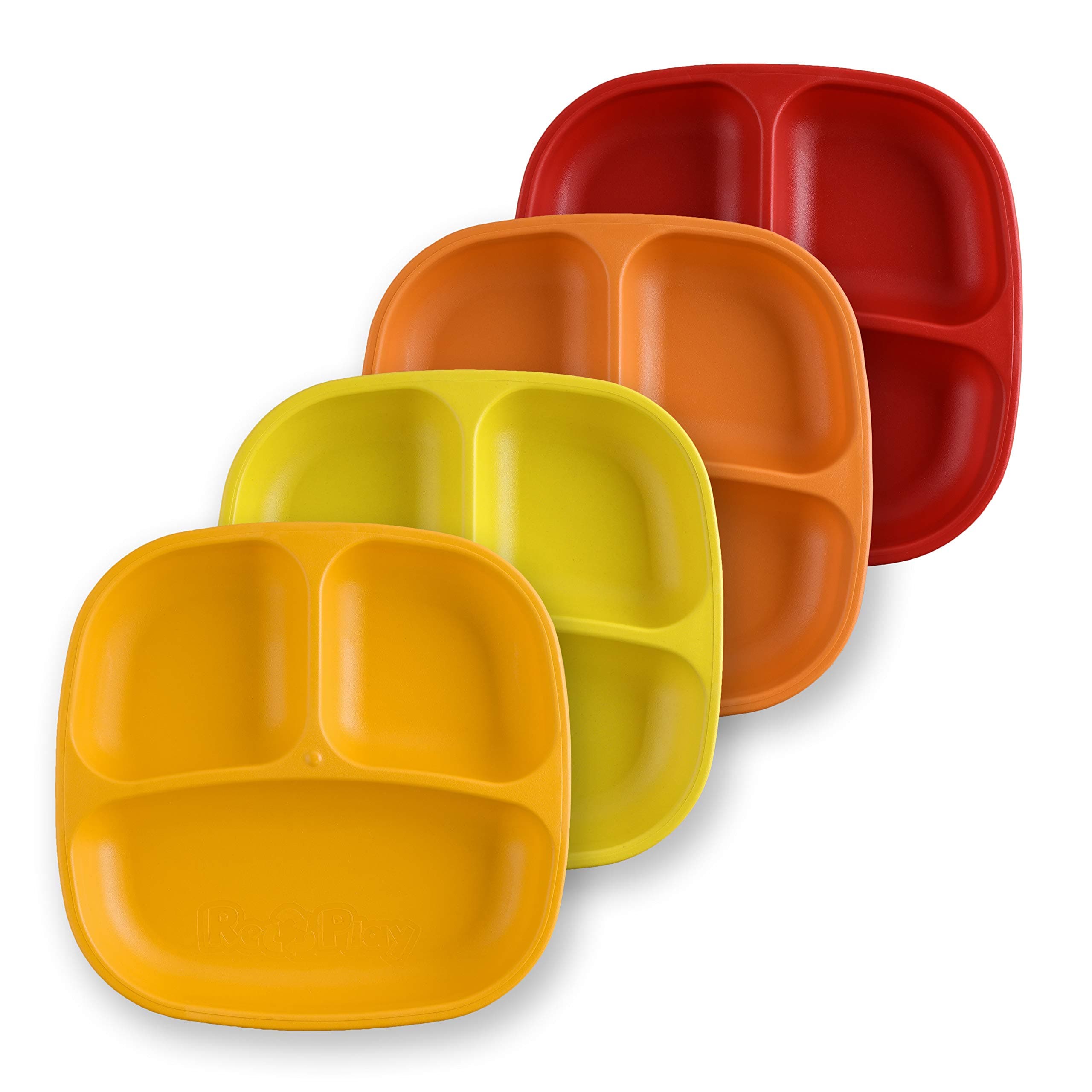 Re-Play 4pk - 7.37" Divided Plates with Deep Sides for Baby, Toddler & Child Feeding in Sunny Yellow, Red, Orange & Yellow | BPA Free | Made in USA from Eco Friendly Recycled Milk Jugs | (Fall 4pk)
