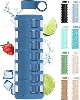 purifyou Premium 40/32 / 22/12 oz Glass Water Bottles with Volume & Times to Drink, Silicone Sleeve & Stainless Steel Lid Insert, Reusable Bottle for Fridge Water, Juice (32oz Chinese Porcelain)
