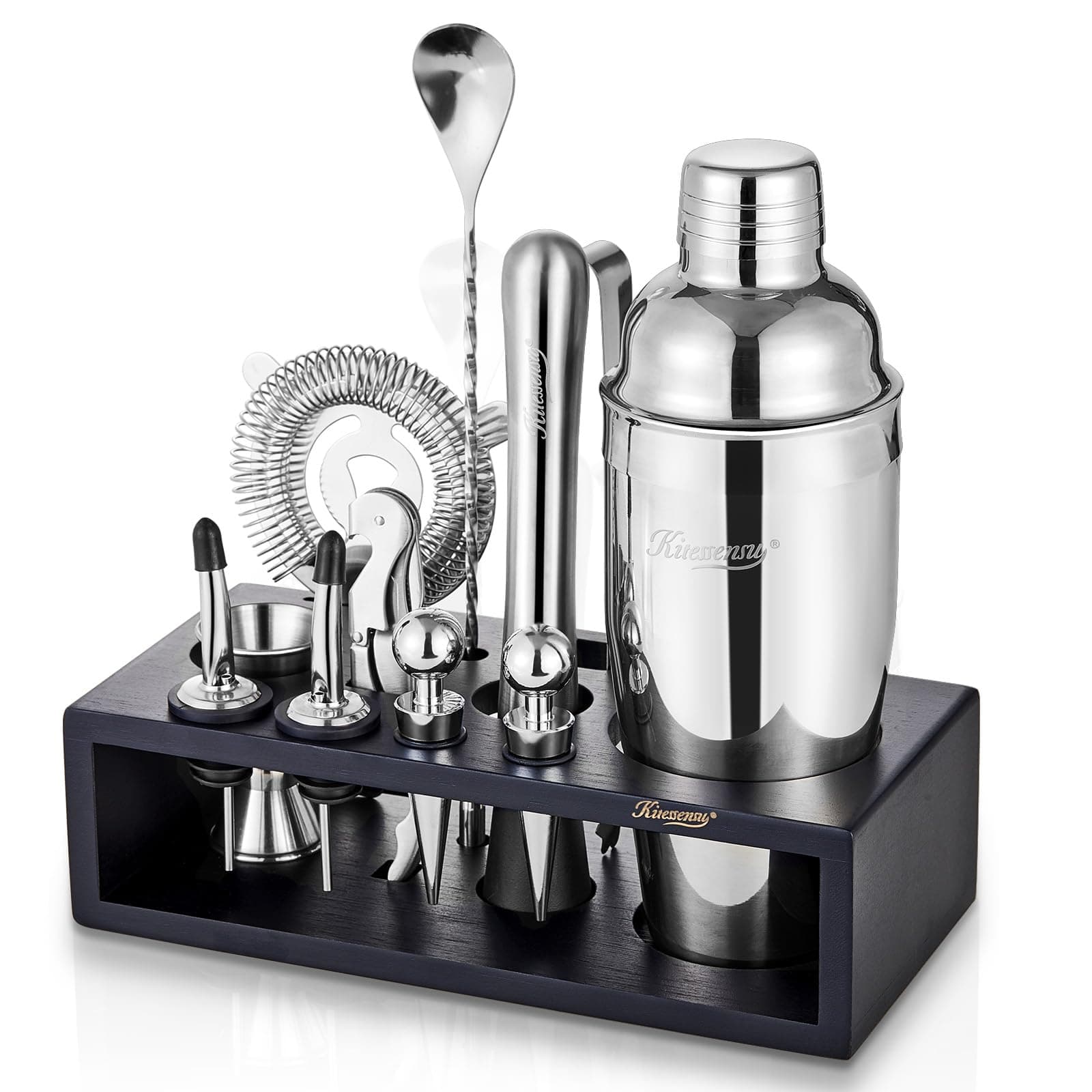 Cocktail Shaker Set with Stand | Mixology Bartender Kit Bar Set with Essential Bar Accessories for Home Bar: Martini Shaker, Jigger, Muddler, Bar Spoon | Drink Mixer Cocktail Kit
