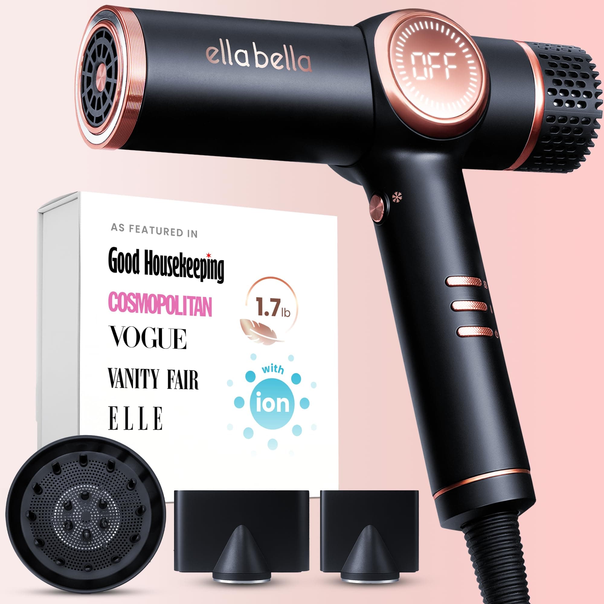Professional Ionic Hair Dryer with Diffuser • Negative Ion Blow Dryer • Suitable All Hair Types • Intelligent Heat Control & Rapid Drying Speeds • Lightweight Design • Low Noise Technology