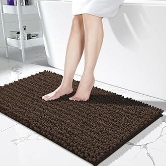 Yimobra Long Bathroom Rugs Non Slip Washable 44x24 Inch - Ultra Soft Absorbent Chenille Bath Mat, Quick Dry Shaggy Floor Carpet for Tub Shower, Brown Home Decor Accessories