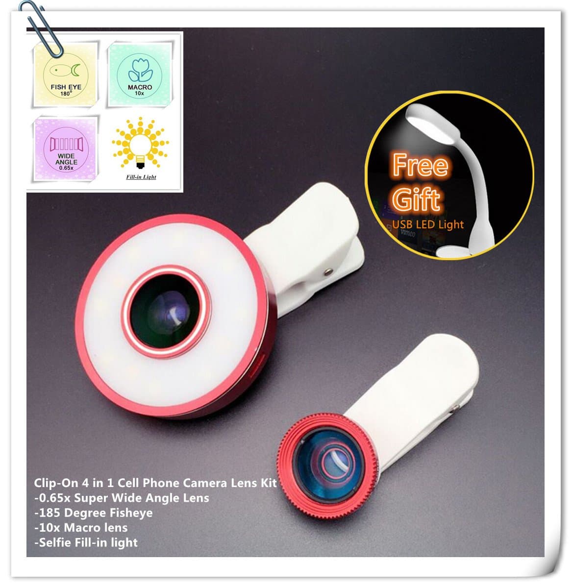 Lovkit Universal Clip-On 4 in 1 Cell Phone Camera Lens Kit 12 LED Selfie Fill-in light+ 185 Degree Fisheye+ 10x Macro+ 0.65x Super Wide Angle Lens for iPhone 6/6 Plus/5/5S, Galaxy S6/S5, Red