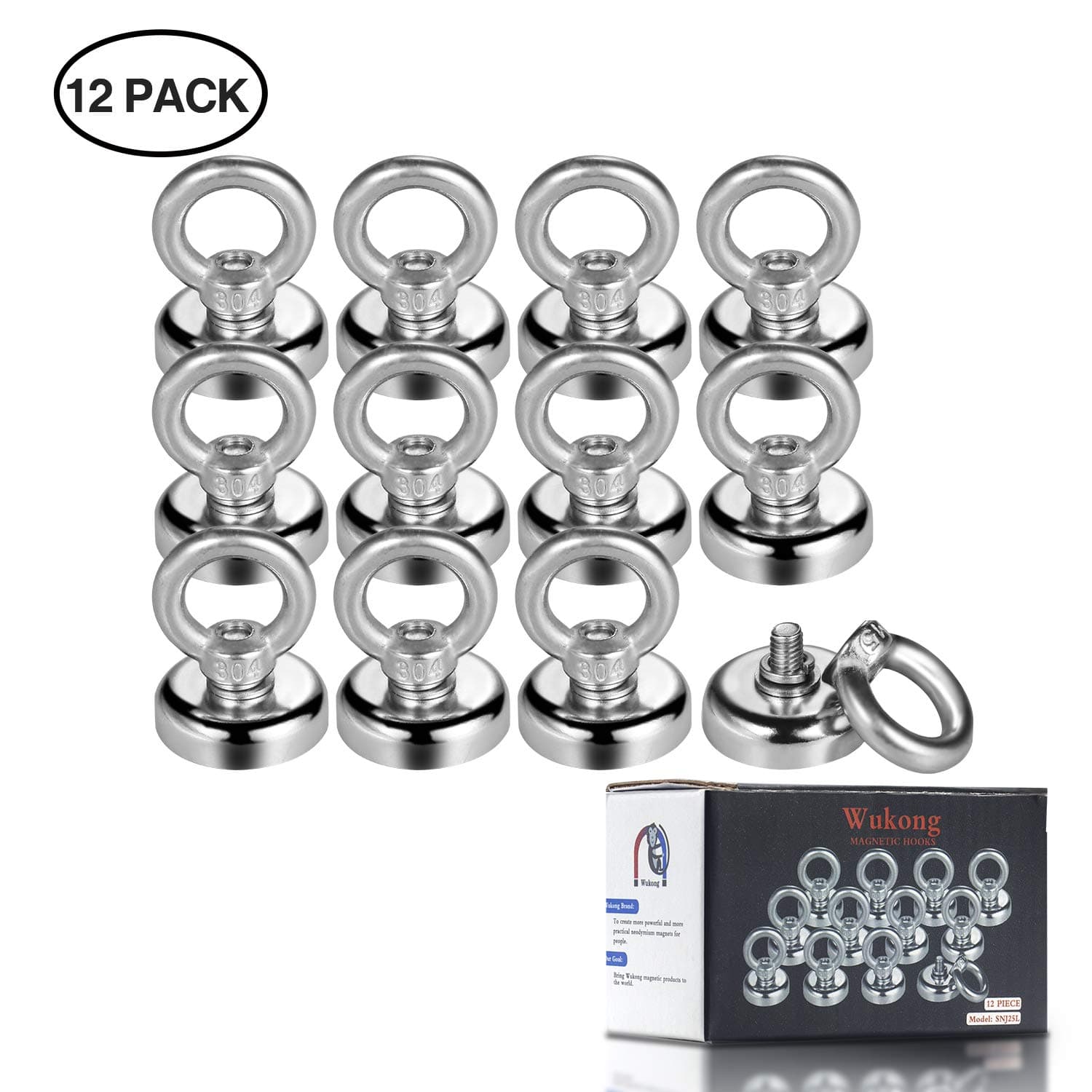 Wukong 12 Pack Magnet Hook,19kg Pulling Force Powerful Round Neodymium Fishing Magnet Heavy Duty Magnetic Hooks Diameter 0.98 inch(25mm)