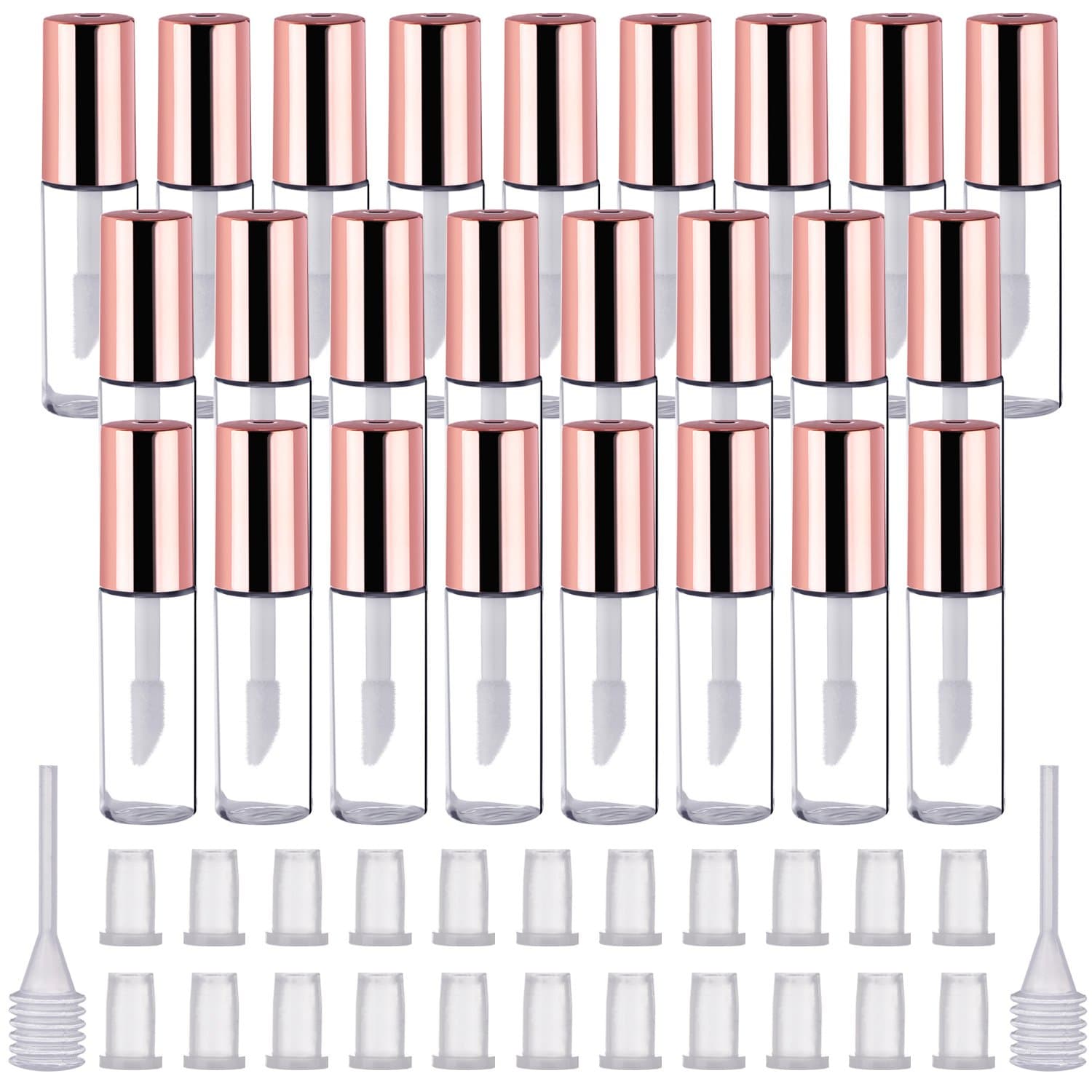 Pangda 25 Pack 1.2 mL Empty Lip Gloss Tubes Containers Clear Mini Refillable Lip Balm Bottles with Rubber Inserts and Transfer Pipettes for Lip Samples Travel Split Charging DIY Makeup (Rose Gold)