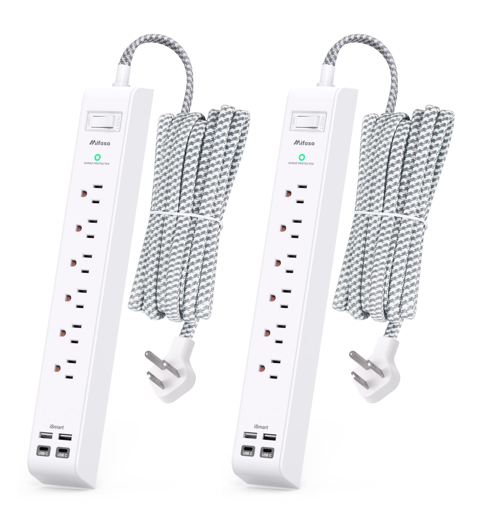 2 Pack Flat Power Strip Extension Cord, Surge Protector with 6 Outlets, 4 USB Charging Ports, 10ft Long Cord, Flat Plug, Protection Against