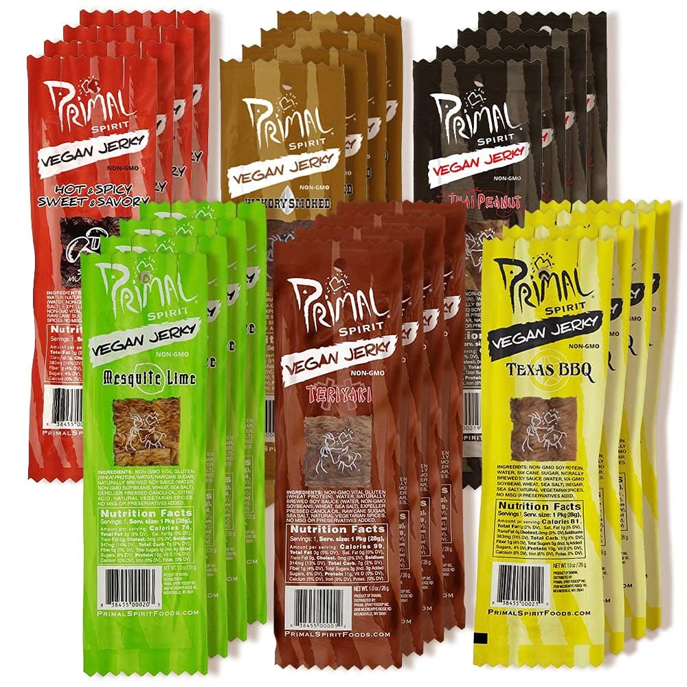 Primal Spirit Vegan Jerky - Sampler Pack, 10g. Plant Based Protein, Certified Non-GMO ("Classics" Thai Peanut, Mesquite Lime, Teriyaki, Hot & Spicy, Hickory Smoked, & Texas BBQ, 24-Pack, 1 oz.)