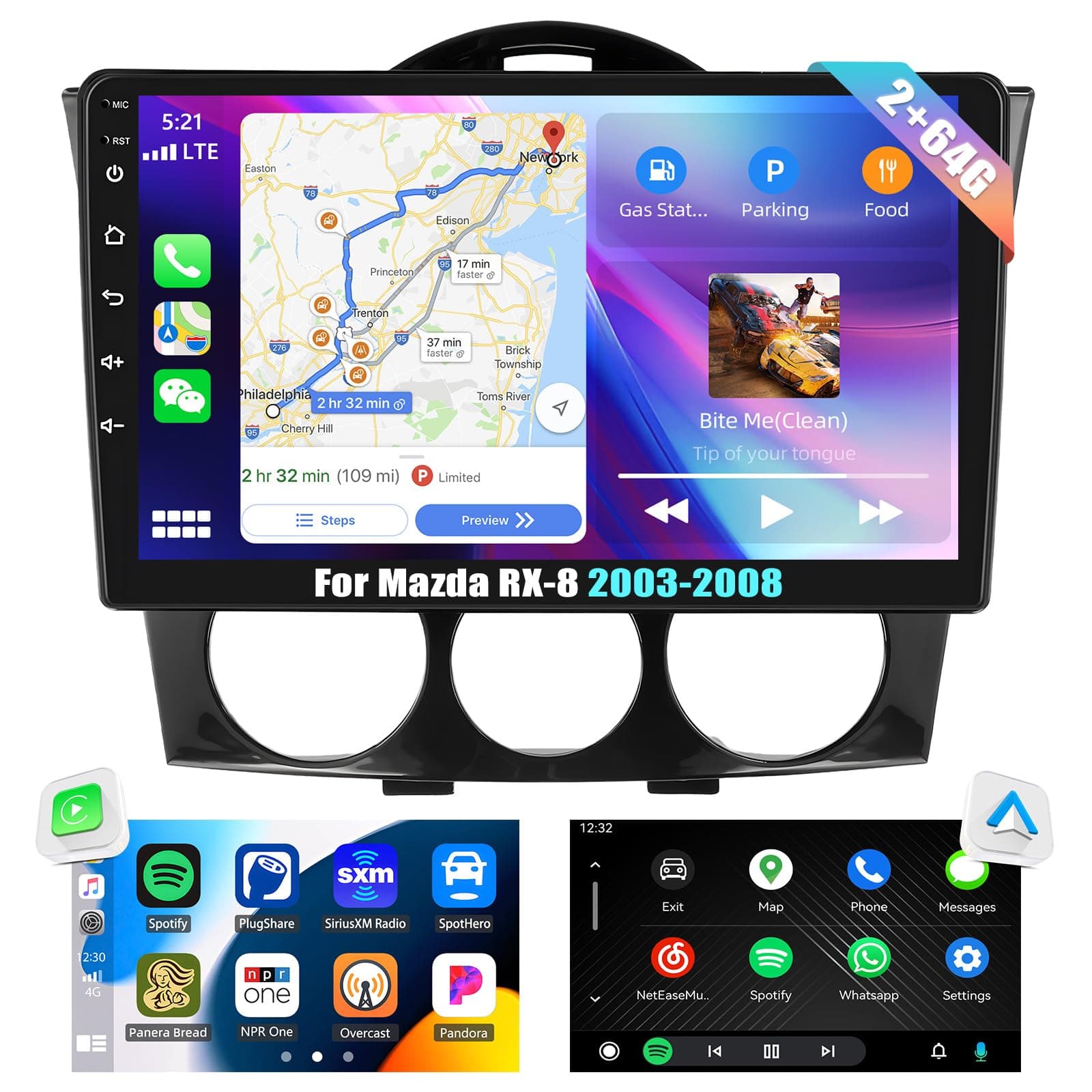 2G+64G Android 13 Car Stereo for Mazda RX-8 2003-2008 with Wireless Carplay Android Auto,9” Touchscreen Car Radio with Mirror Link WiFi/GPS Navigation Bluetooth FM/RDS SWC+AHD Rear Camera