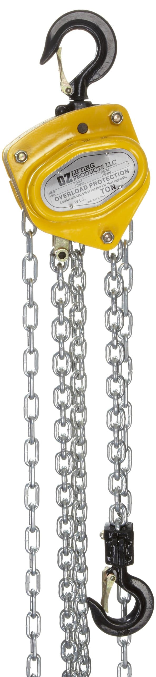 OZ Lifting Hand Chain Hoist, Overload Protection, Hook Mount, 2 Ton Capacity, 10' Lift, 16-5/16" Headroom, 1-19/64" Hook Opening