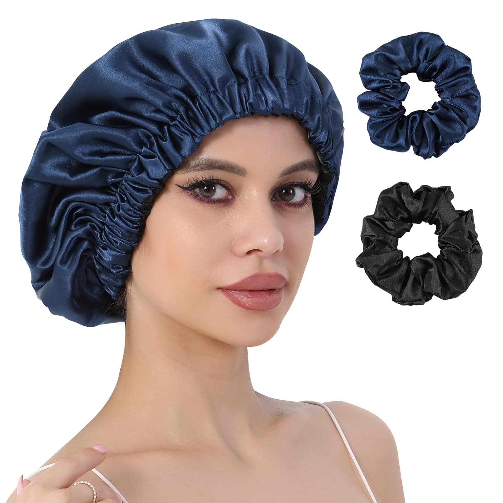 CENTSTARReversible Silk Satin Bonnet for Sleeping, Large Adjustable Silk Satin Hair wrap Hair Cap for Women Curly Hair (Navy)
