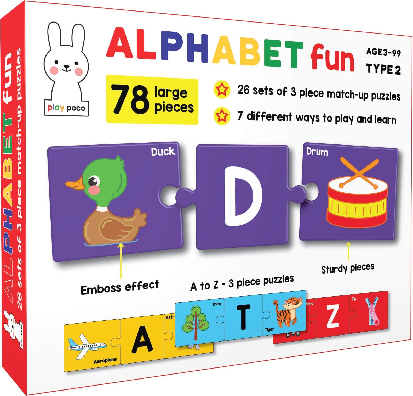 Play Poco Alphabet Fun Type 2 - 78 Piece Alphabet Matching Puzzle - 7 Different Ways To Play And Learn - Includes 78 Large Puzzle Cards With Beautiful Illustrations
