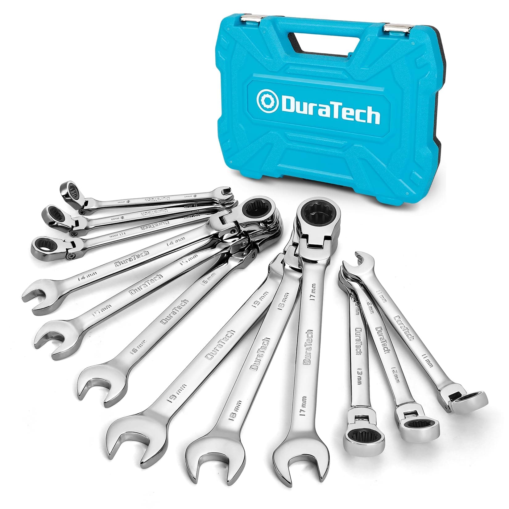 12-Piece Flex-Head Ratcheting Combination Wrench Set, 72-Tooth, Metric, 8-19 mm, Cr-v Steel, Organized in Storage Case