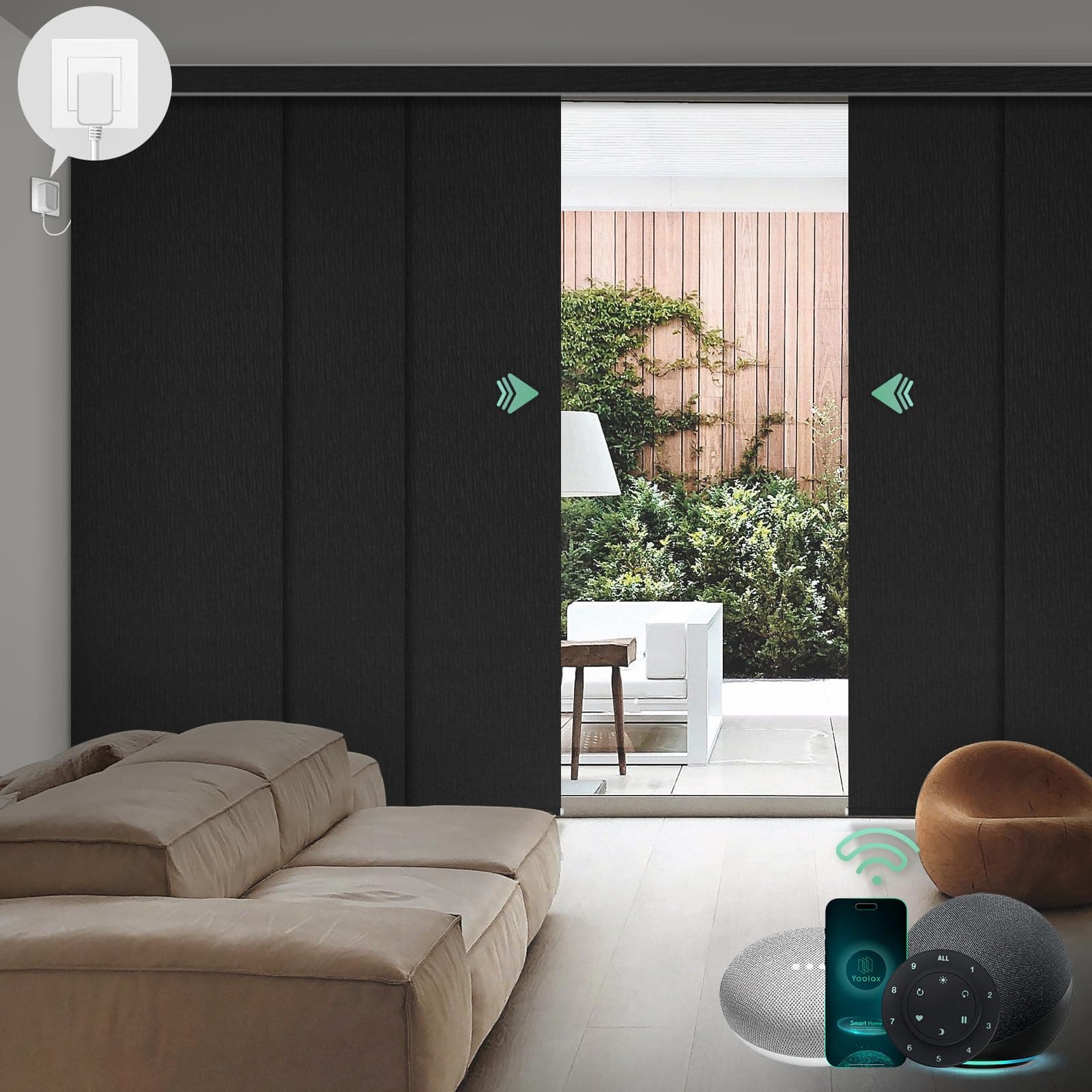 Custom XL Smart Sliding Door Blinds, Motorized Sliding Panel Blinds Compatible with Alexa, Blackout Vertical Blinds for Glass Doors, Patio Doors, Closet Doors, Midnight Stripe Black
