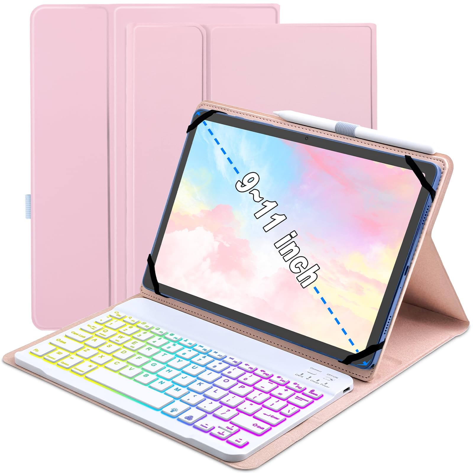 Universal Tablet Keyboard Case for 9.7",10.1",10.2",10.5",10.9",11" iPad Samsung Fire Pixel Android 10.1 inch Tablets, 7 Color Rainbow Backlit Removable Keypad with Pen Holder (Pink)