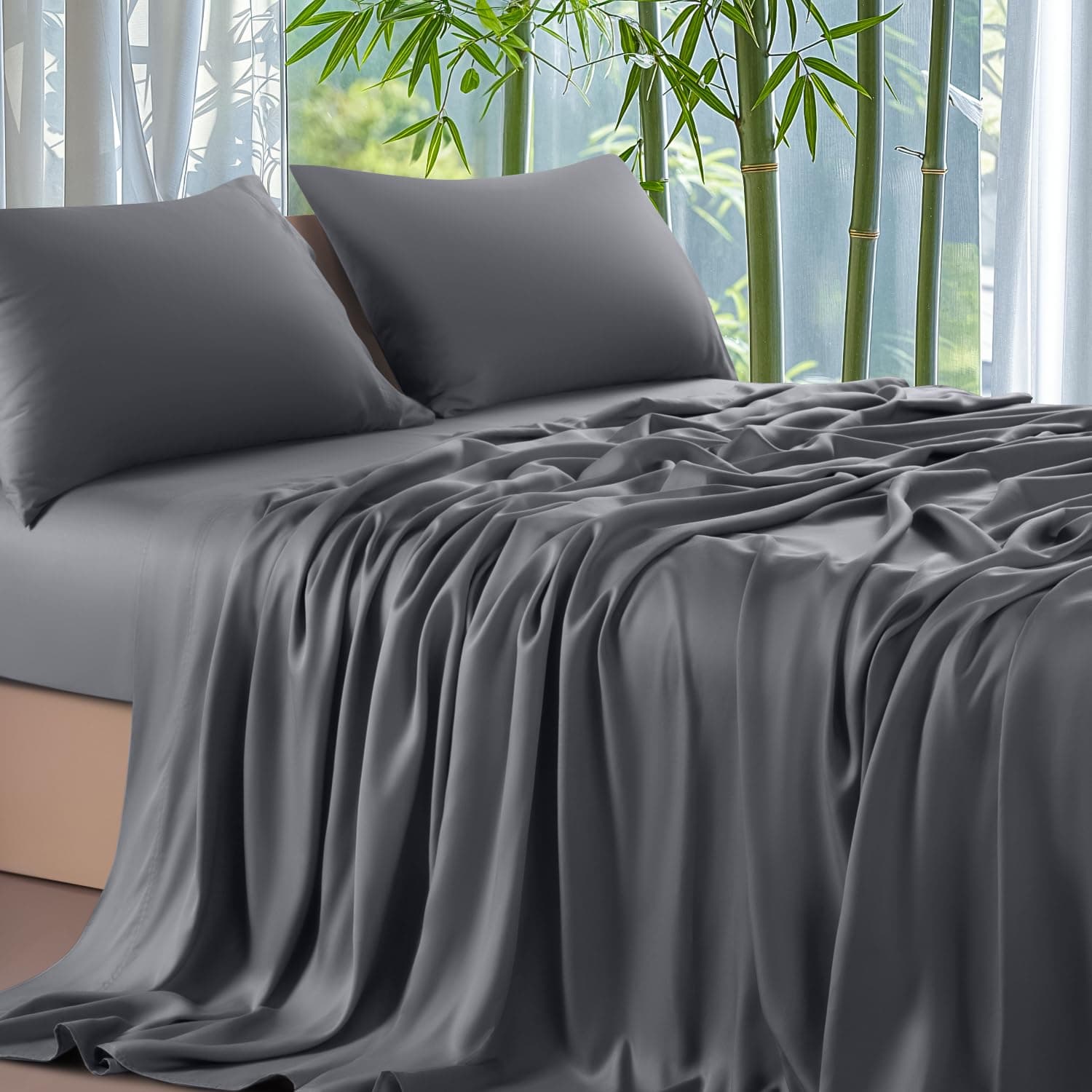 Shilucheng 100% Viscose Derived from Bamboo_ Sheets Queen Size 4pcs - Ultra Cooling & Silky Soft Bed Sheets, 16" Deep Pocket, Perfect for Hot Sleepers, Hotel Bedding Sheets (Dark Grey)
