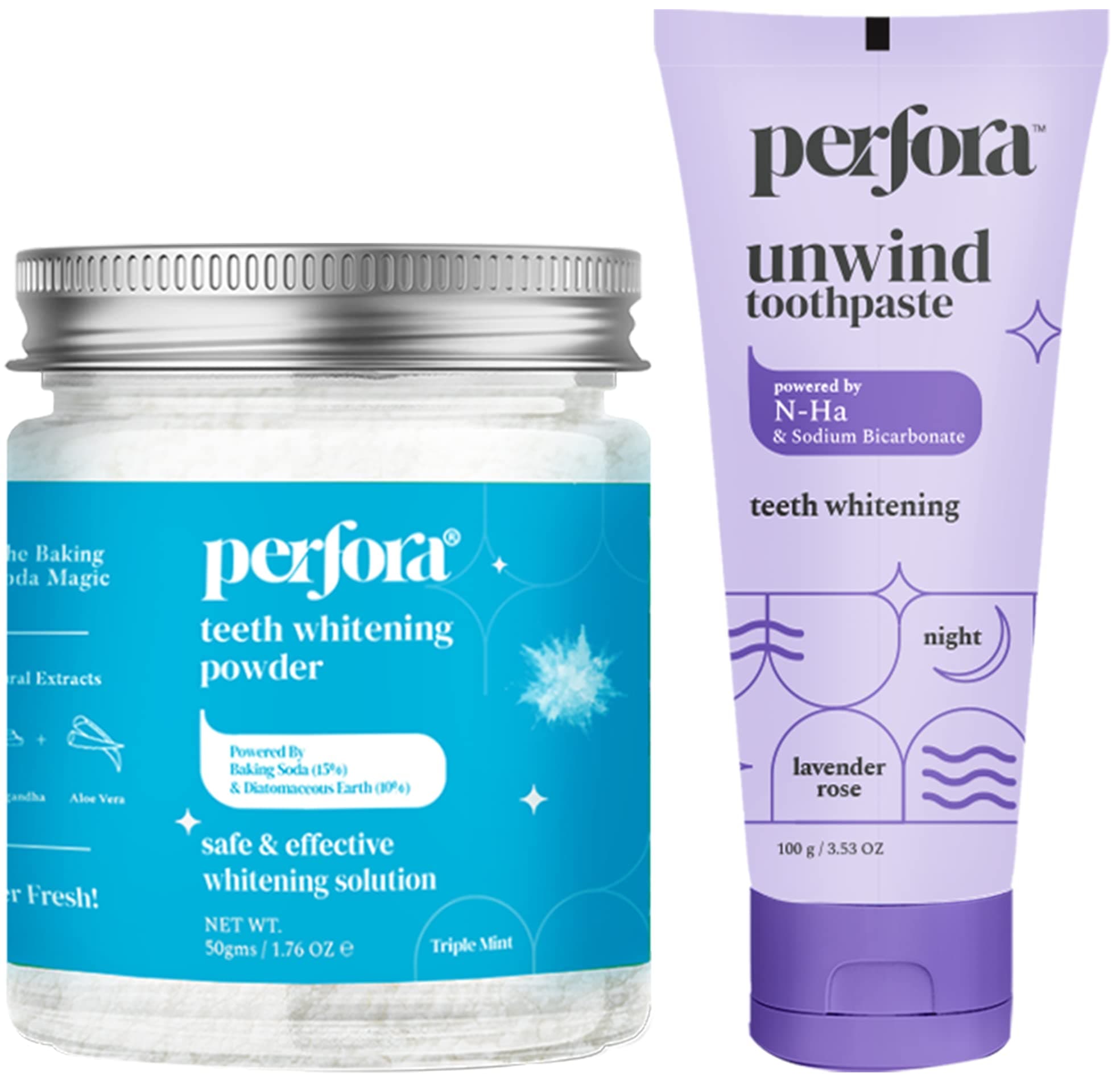 Perfora Teeth Whitening Powder & Lavender Rose Toothpaste Combo | Active Freshness Cavity Prevention & Teeth Whitening | Enamel Safe & Effective | Whitener For Complete Oral Care & Superior Cleaning
