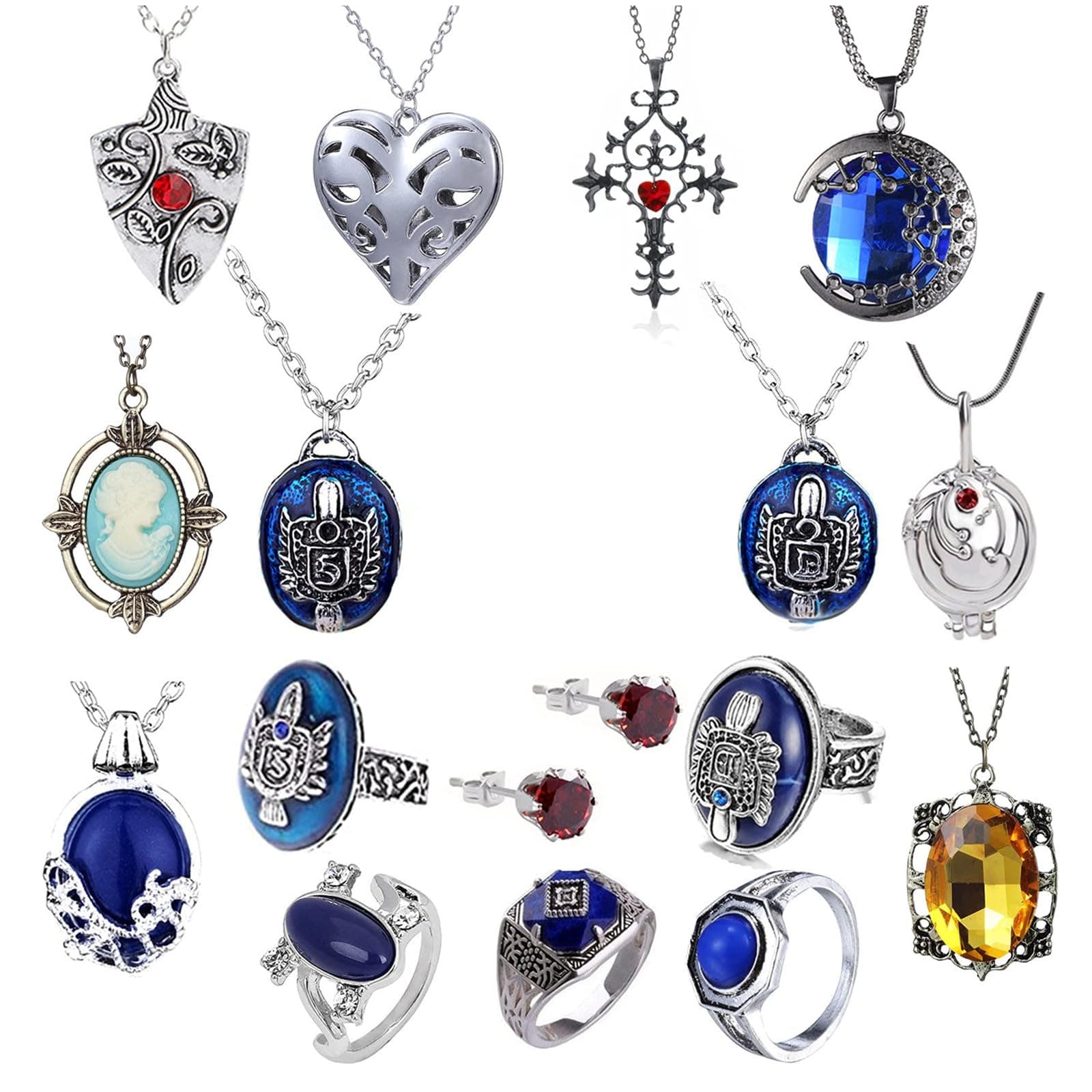 PPX 67 Set Replace The Vampire Diaries Daywalking Katherine Sapphire Crystal Pendant Necklaces Ring Earrings & 50 Pcs Vampire Diaries Stickers Movie Jewelry Set Cosplay For Fans, Metal For Women