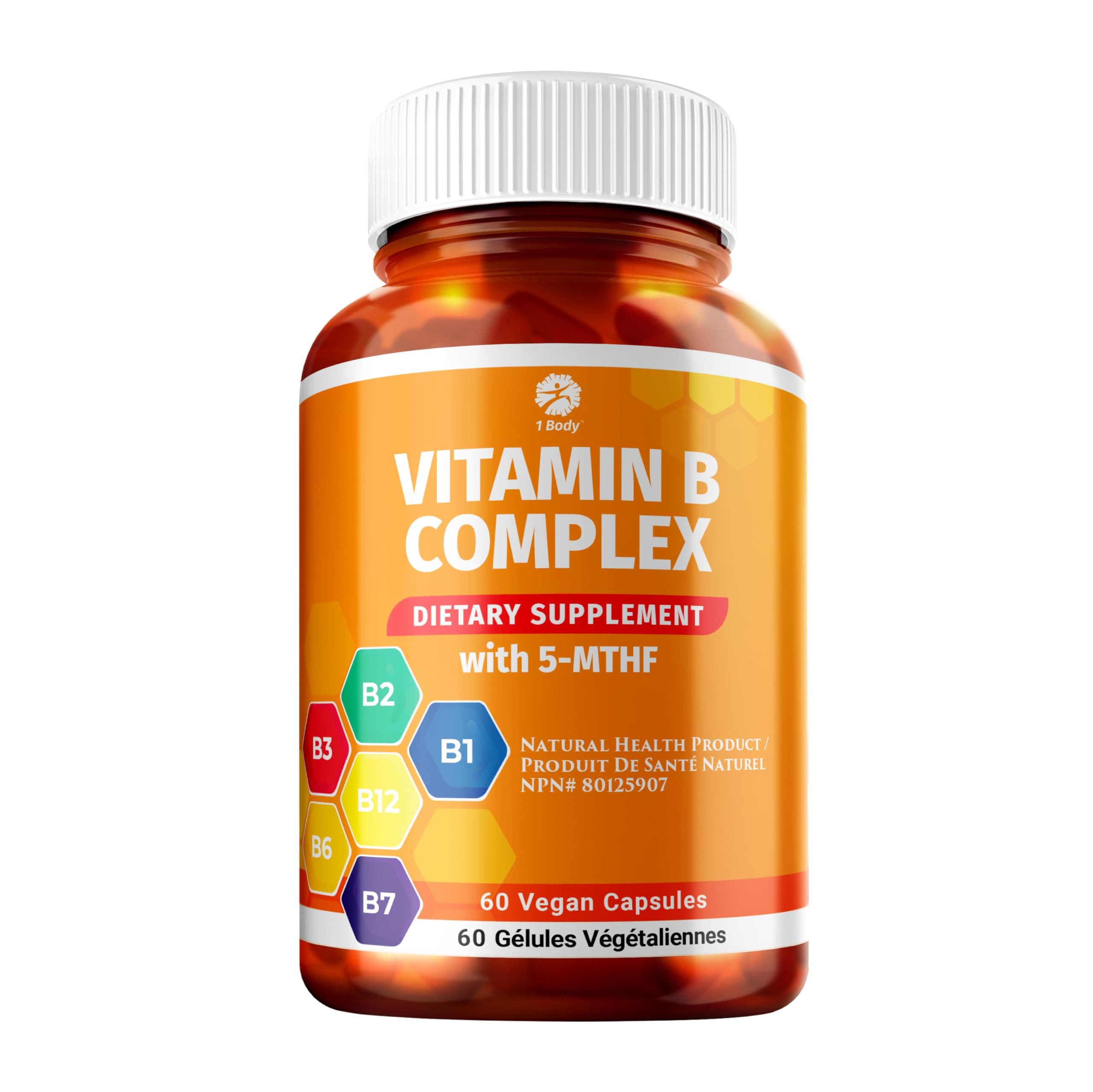 1 Body Vitamin B Complex – 5-MTHF Folate with B1, B2, B5, B6, Methyl B12, Niacin, Biotin – Wide Range of Benefits for Stress, Heart Health, Healthy Brain Function, Nervous System Support