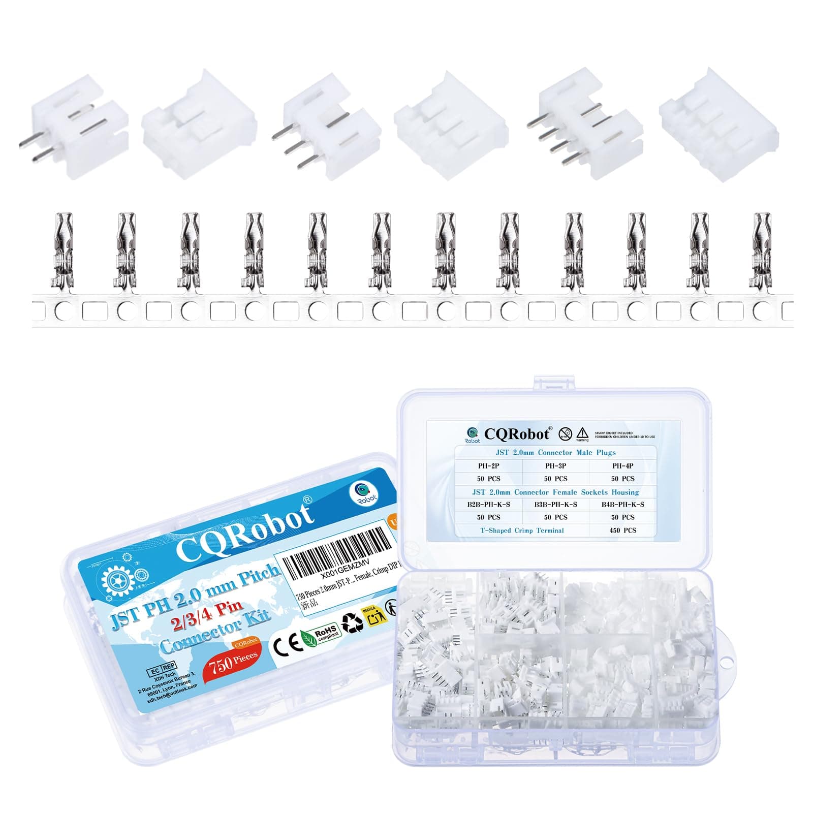 CQRobot JST PH 2.0 mm Pitch 2-Pin/3-Pin/4-Pin Electronic Connector IC Male Plugs, Female Sockets Housing and T-Shaped Crimp Terminal Kit. 150 Sets/750 Pieces Wire-to-Board Adapter Cable Assembly.
