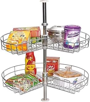 SmartSlide Stainless Steel 2 Shelf Kitchen Corner Cabinet Organizer/Modular Kitchen Basket/Multifunctional Storage Rack/Adjustable Height Kitchen Carousel Unit (Carousel 20 Inch)