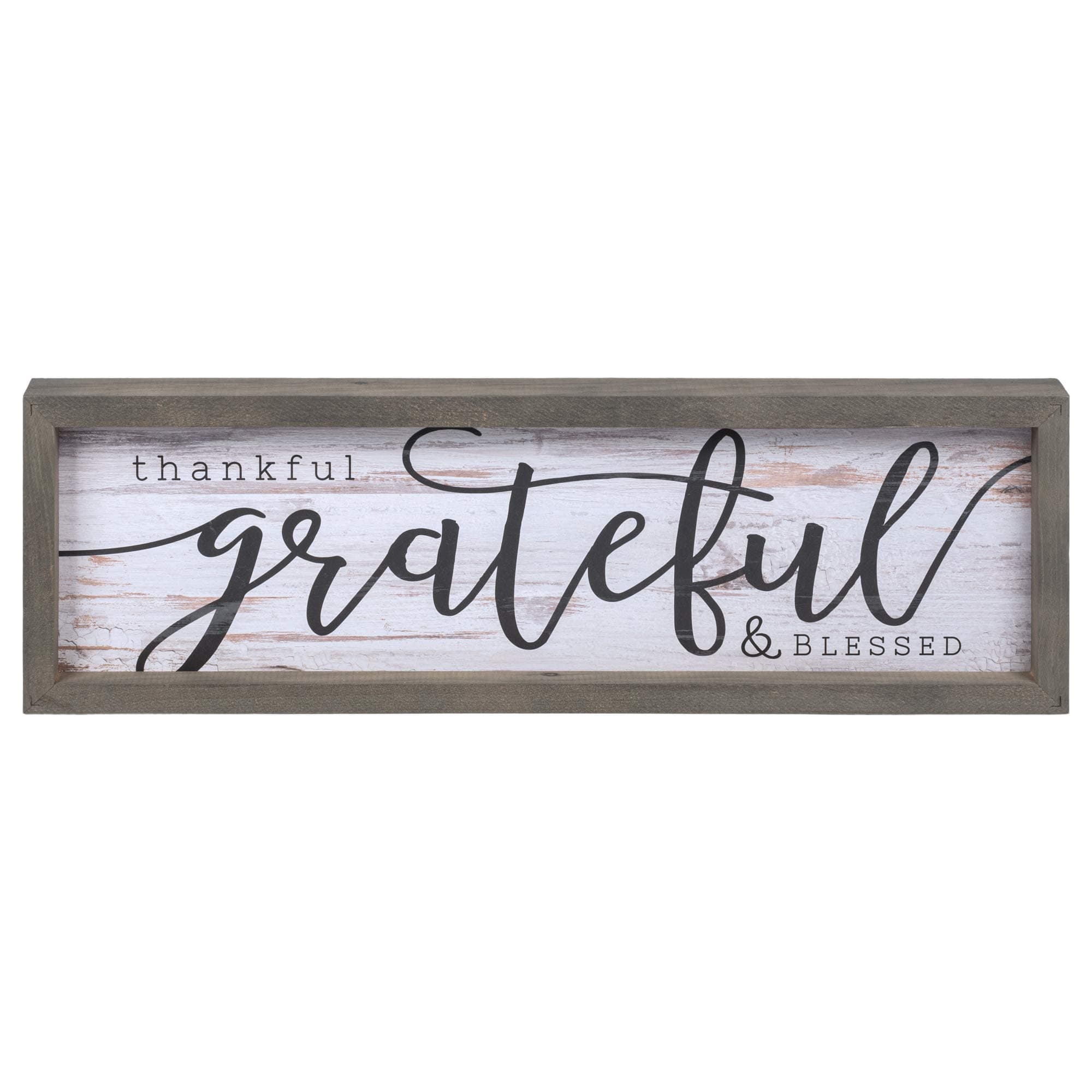 Thankful Grateful Blessed Grey White 24.6 x 7.8 Inch Solid Pine Wood Farmhouse Frame Wall Plaque