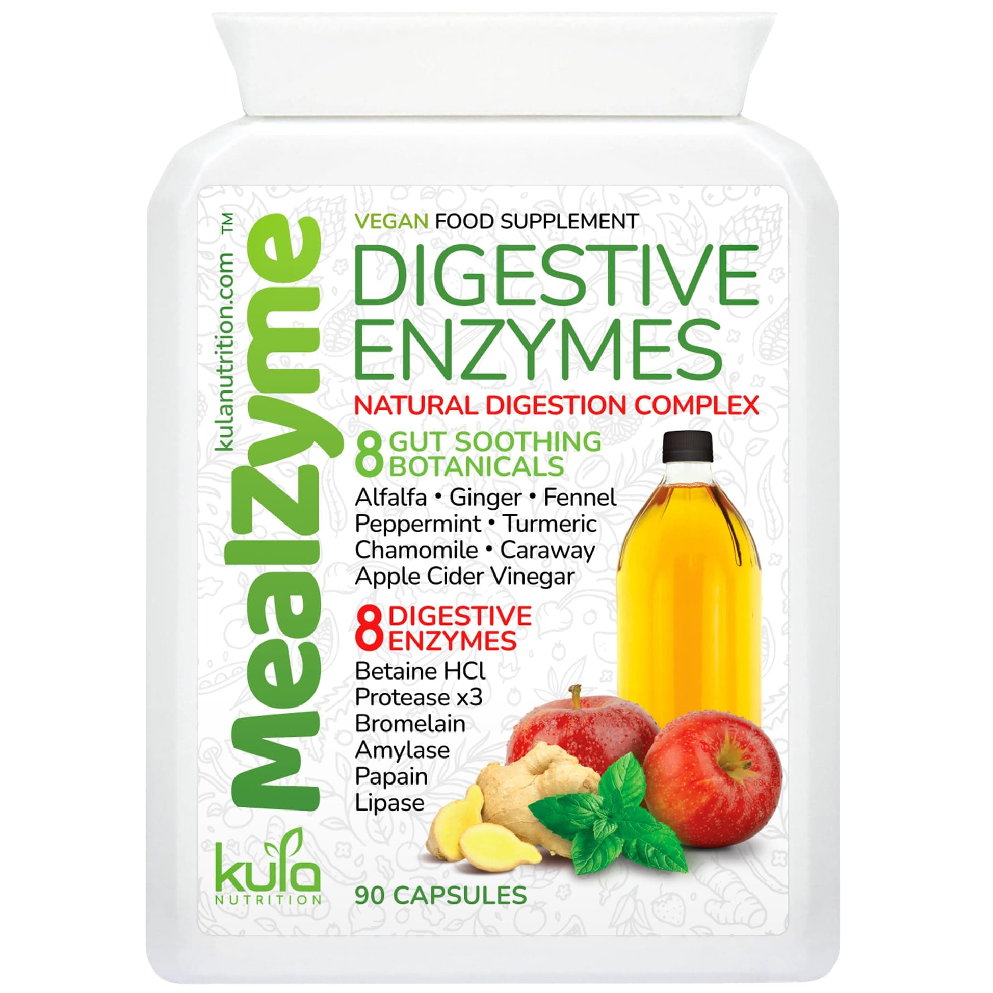 MealZyme - Digestive Enzyme Supplements - 6 Vegan Plant Based Complex with Bromelain, Betain HCL, Amylase, Protease, Lipase, Papain and Peppermint for Indigestion and Bloating Relief - 90 Capsules