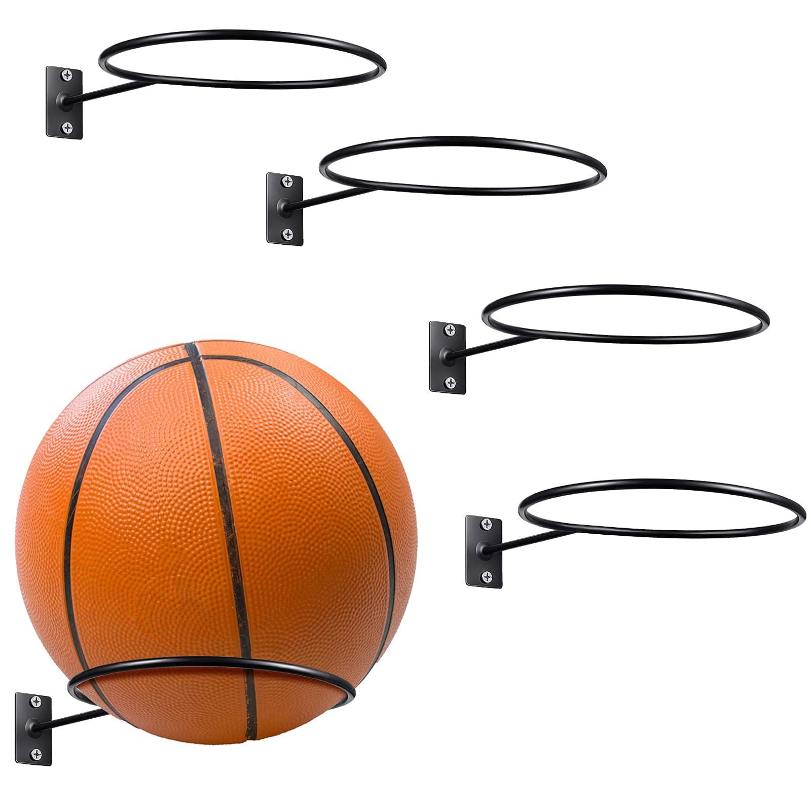4pack Mounted Ball Wall Storage Display Ball Storage Universal Ball Rack Metal Ball Holder Black Ball Rack Holder for Basketball Football Volleyball Soccer Storage Display