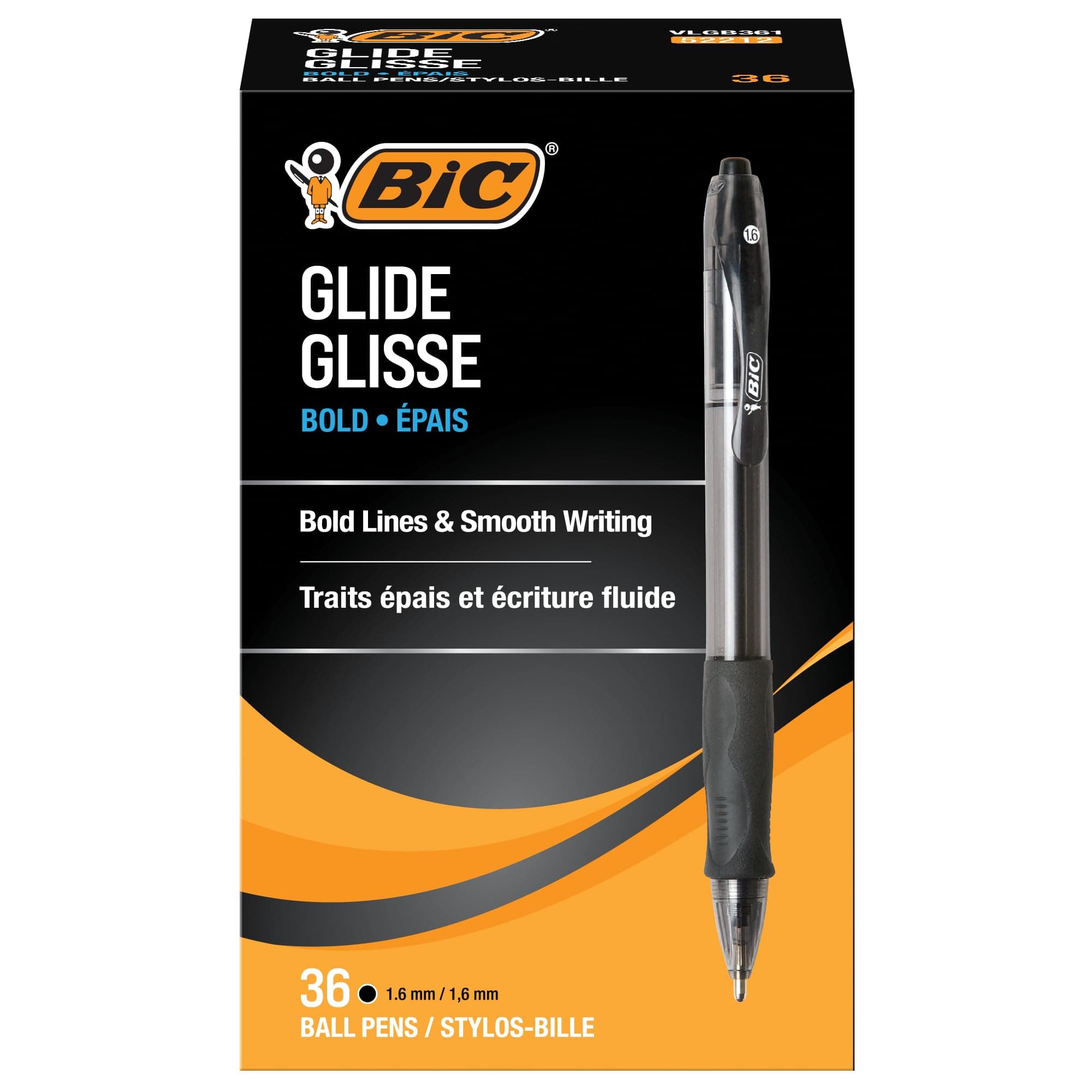 BIC Glide Bold Black Ballpoint Pens, Bold Point (1.6mm), 36-Count Pack, Retractable Ballpoint Pens With Comfortable Full Grip