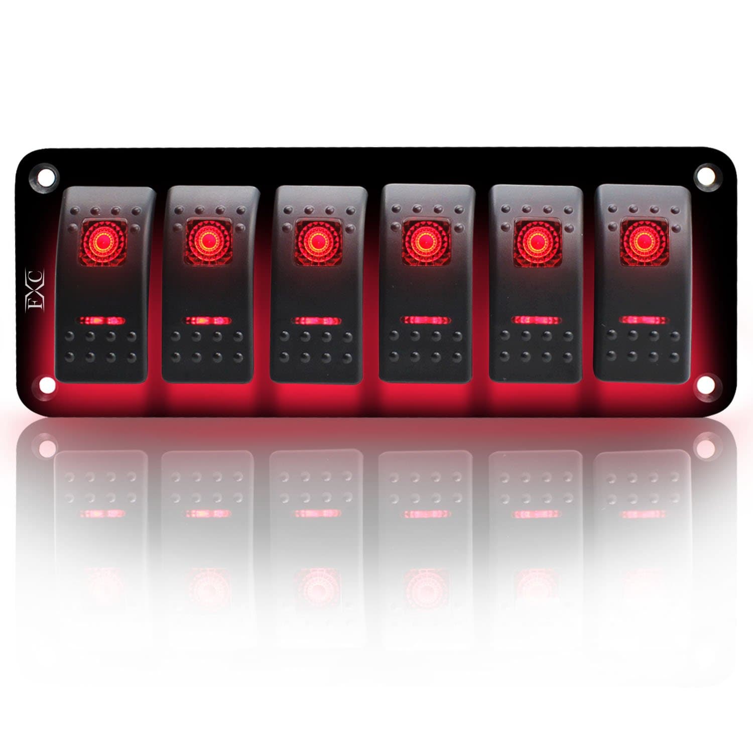 Rocker Switch Aluminum Panel 6 Gang Toggle Switches Dash 5 Pin ON/OFF 2 LED Backlit for Boat Car Marine Red