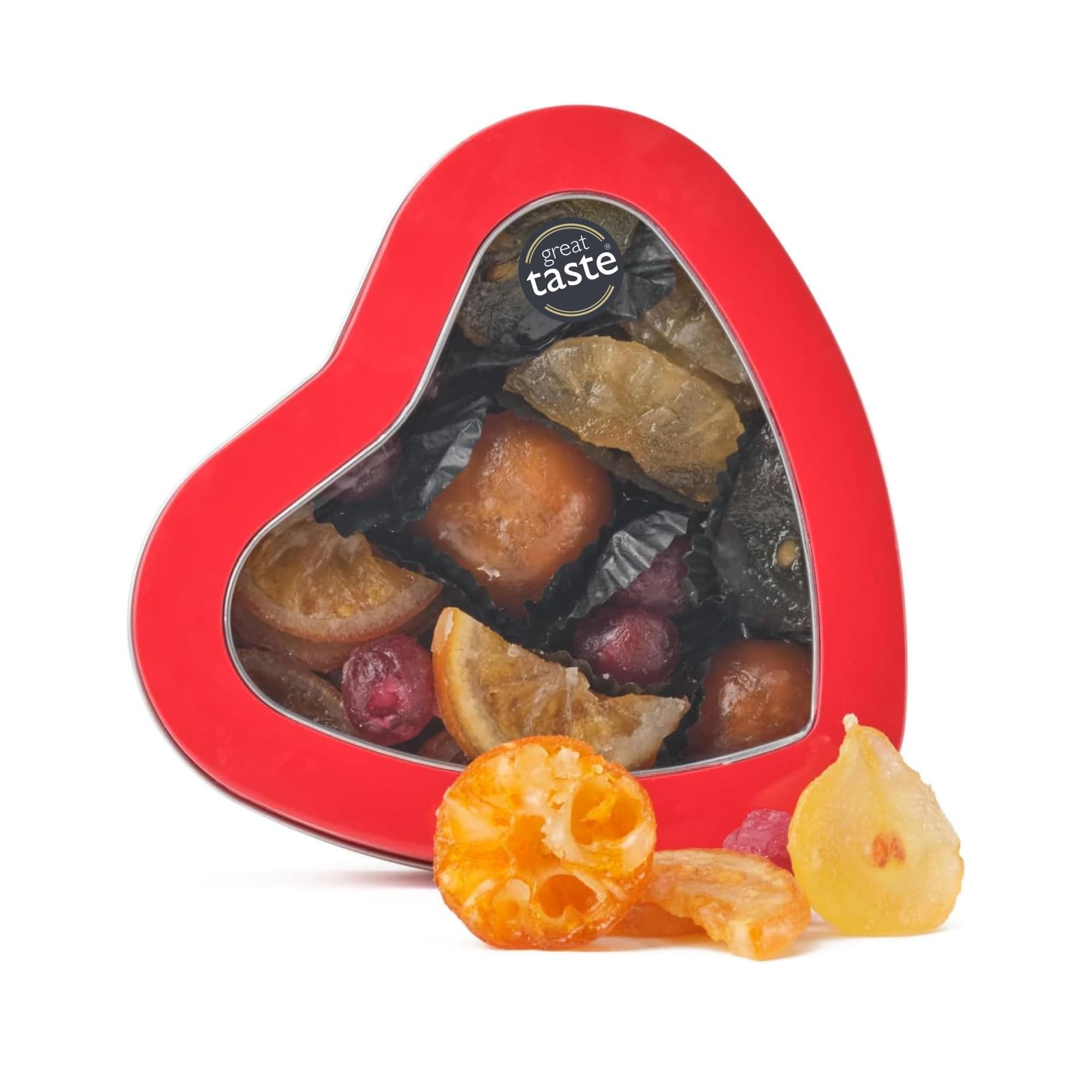 Walnut Tree Heart-Shaped Tin – Gourmet Glace Fruit Gift, Crystallised Fruits – Handpacked in the UK – Great Taste Award Winner – Luxury Gift Selection, Birthday, Anniversary, 220g