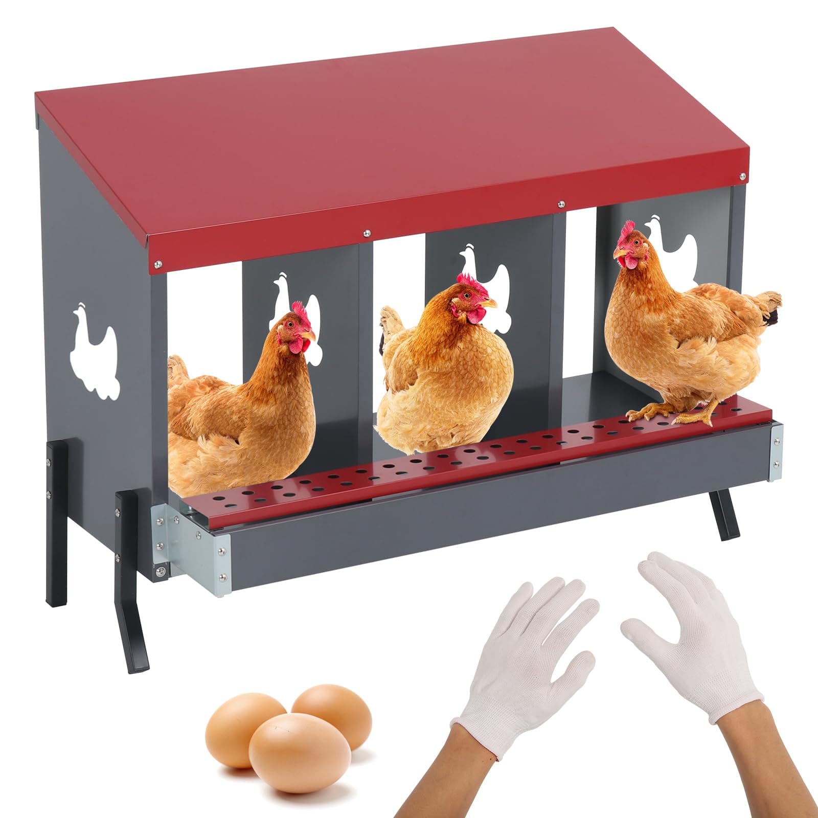 LUCKUPChicken Nesting Box 3 Holes for Laying Eggs, Roll Out Metal Laying Box for Hens Ducks Poultry Protect Eggs Wall Mount Nest for Coop W/Perch & Legs