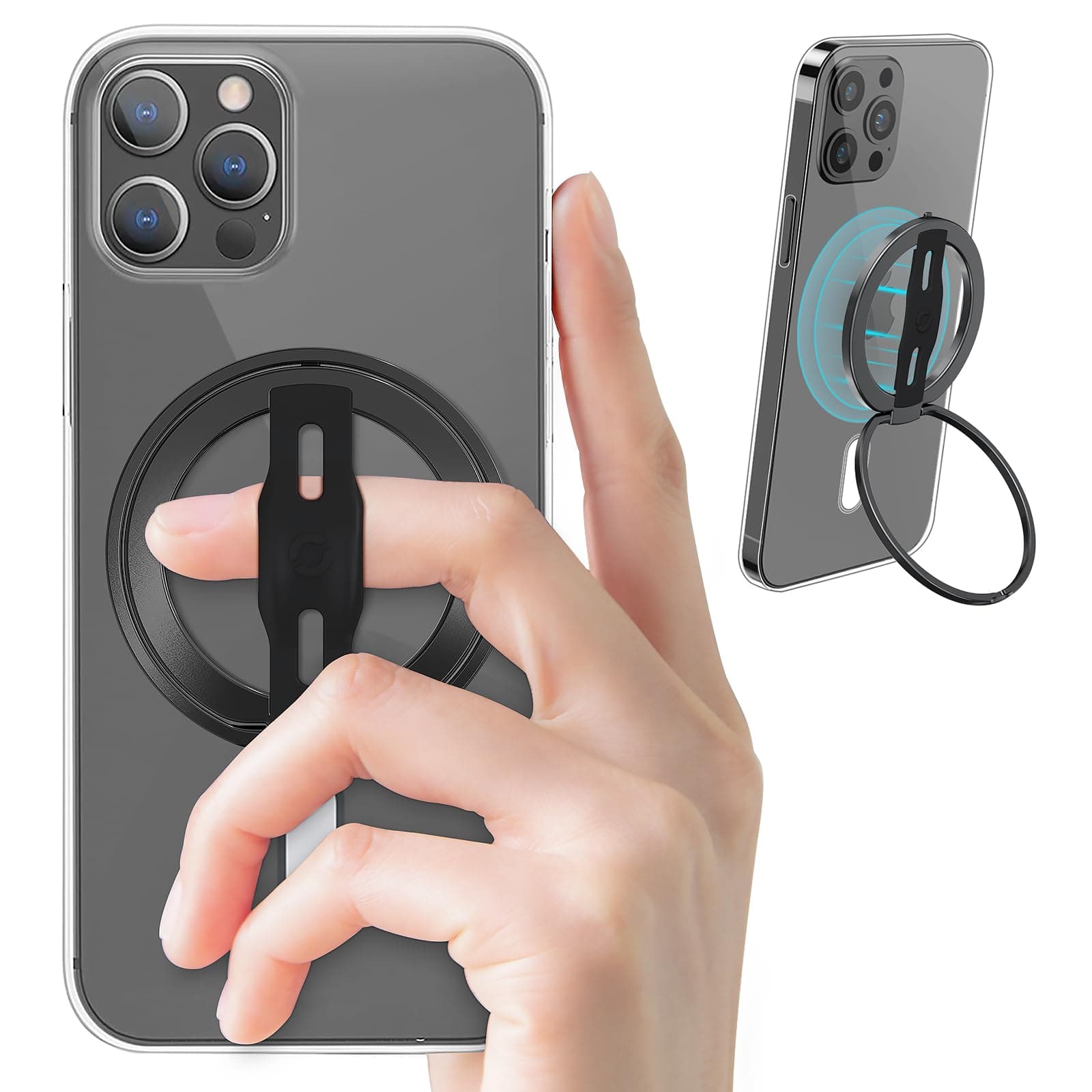 EWAMagOne 2nd Gen [Compatible with MagSafe] Phone Grip Stand with Replaceable Silicone Finger Strap, Removable Magnetic Ring Holder Kickstand Loop, for iPhone 15, 14, 13 Pro/Max/Plus (Black)