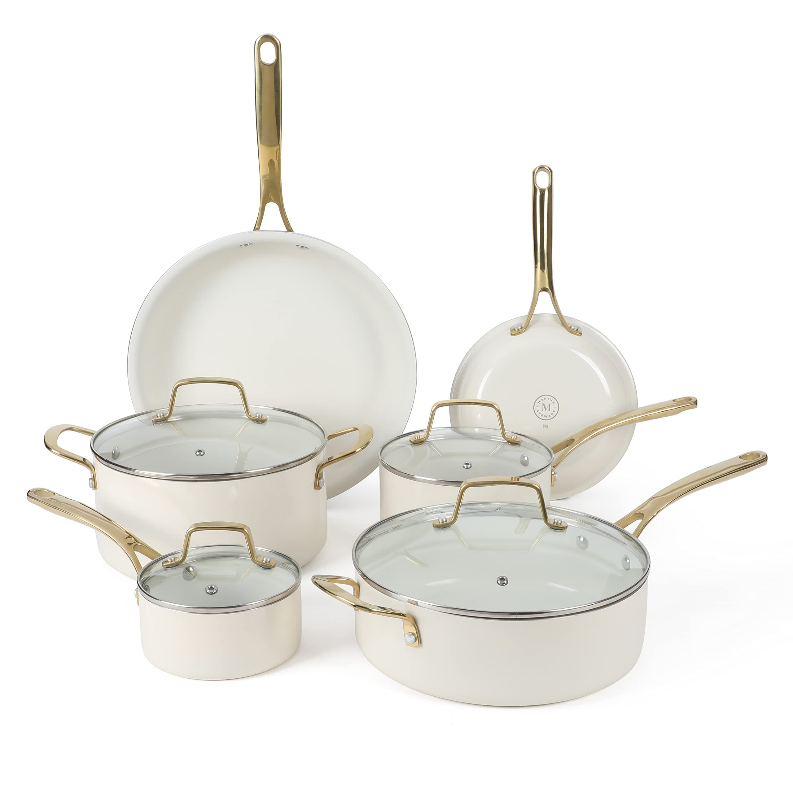 Lockton Premium Non stick Non Toxic PFA Free Ceramic Interior 10 Piece Heavy Gauge Enamel Aluminum Pots and Pans Cookware Set - Linen White w/Gold Handle