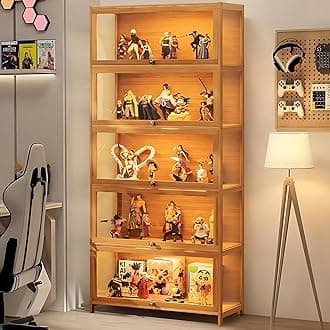 Curio Display Cabinet, 5-Tier Display Case with Acrylic Glass Doors, 67" Tall Transparent Bamboo Curio Display Shelf for Collectibles, Storage Cabinet for Playroom, Bedroom, Office, Living Room, Brown