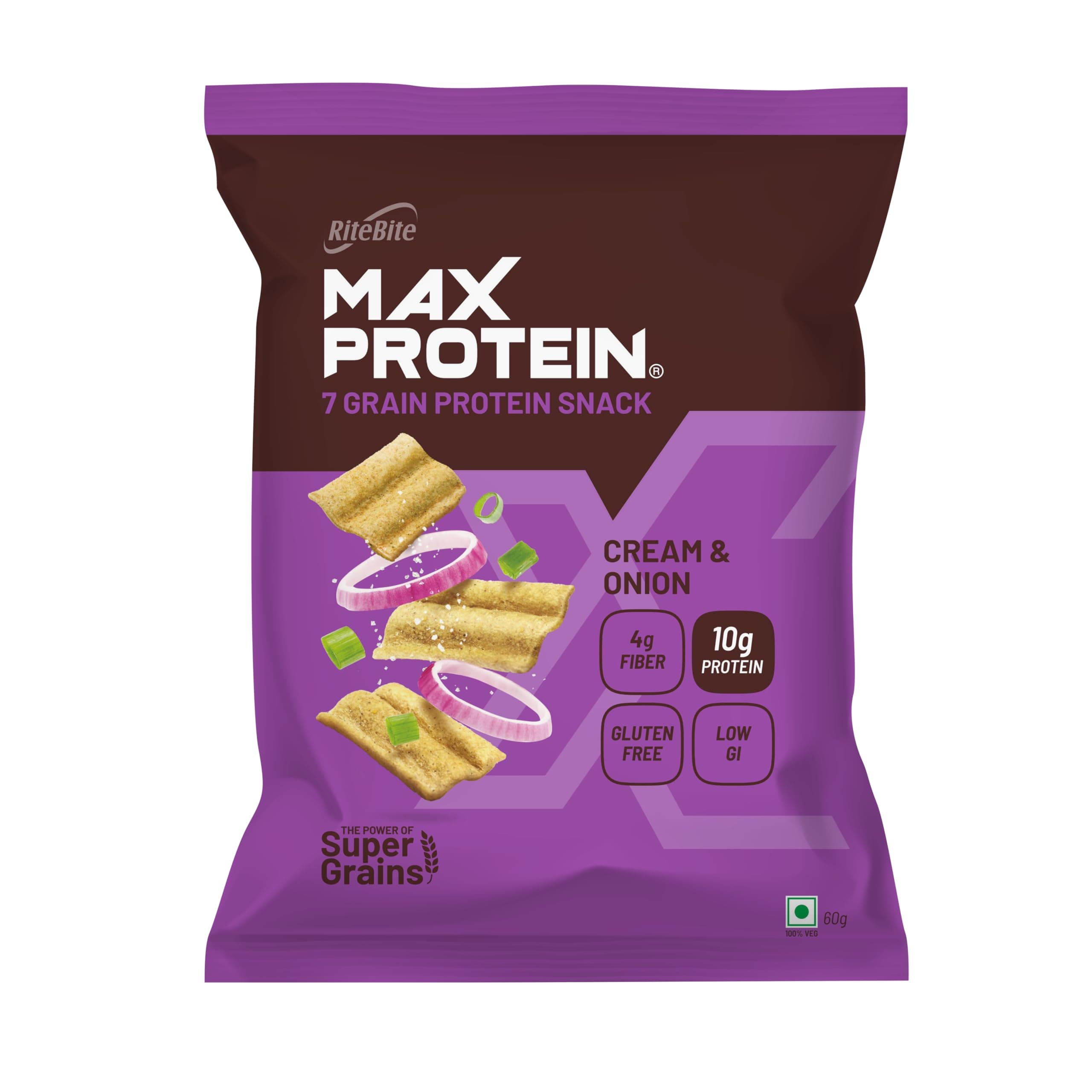 RiteBite Max Protein Chips Cream & Onion | With 20g Protein, 8g Fiber, Low Gi, Gluten Free, Made with Sorghum, Quinoa, Oats, Ragi | No Preservatives, 100% Vegetarian, 60g