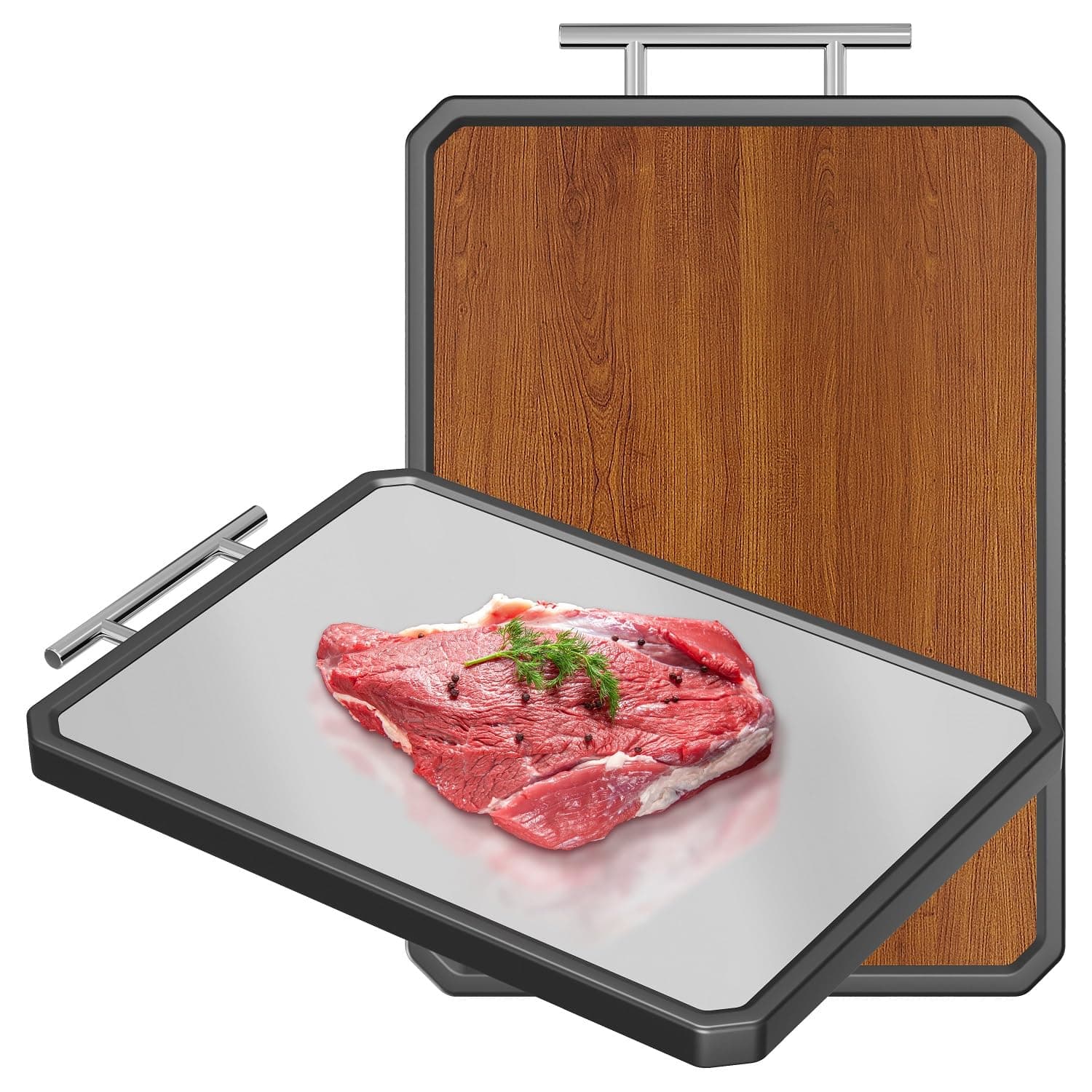 Wood Cutting Board with Handle, Double Sided Cutting Board for Kitchen, 16 * 11 inch 304 Stainless Steel Chopping Board for or Kitchen Meal Prep Serving