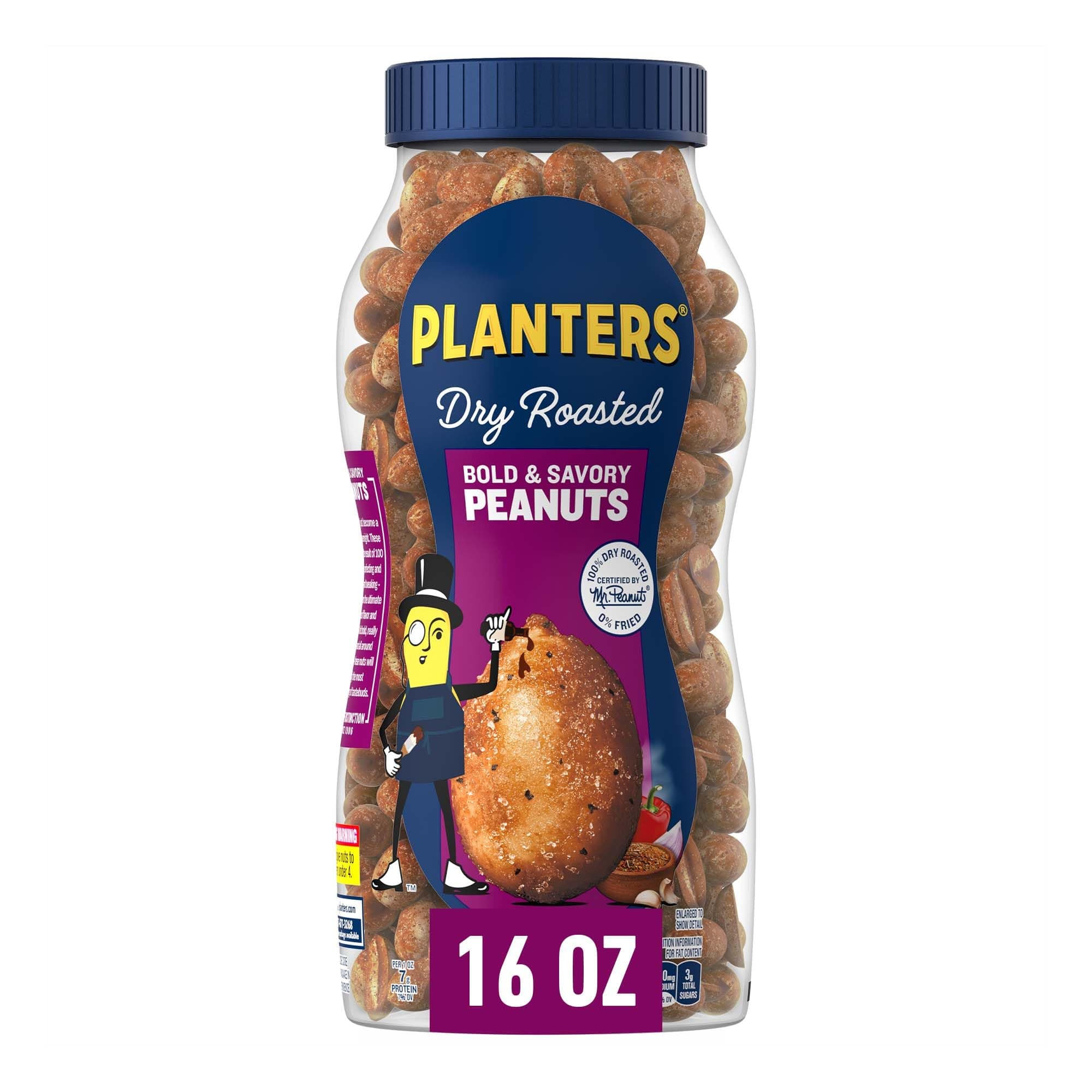 PLANTERS Dry Roasted Bold and Savory Peanuts, Plant-Based Protein, Party Snacks, Peanut Snack, 16 Oz Jar (Pack of 1)