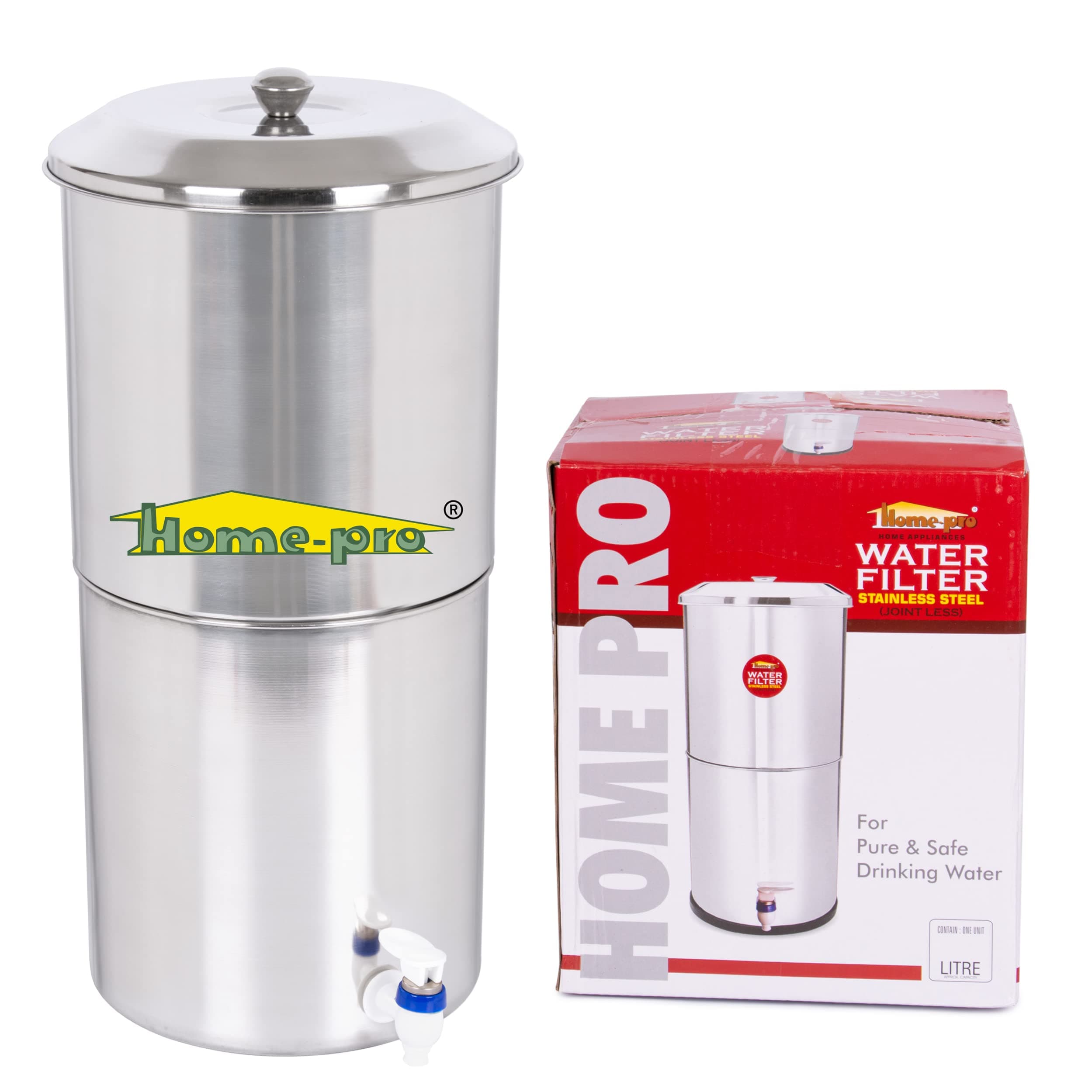 Home-Pro - Gravity Water Filter and Purifier | 24 Liters Total Capacity (12L Bottom & 12L Top) Made with Stainless Steel |Includes 3 Creamic Candle and Food Grade Plastic Tape