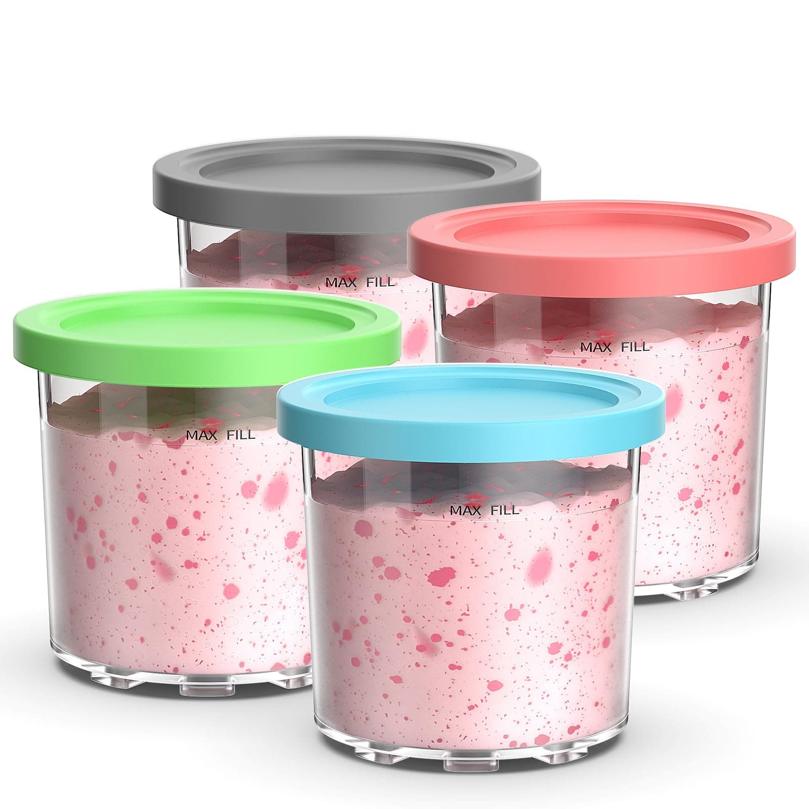 Containers Replacement for Creami Pints and Lids - 4 Pack,16oz Ice Creamy Containers Cups Jars Canisters Set for 299/300s Series Ice Cream Maker- 4 Pack Pink Grey Blue