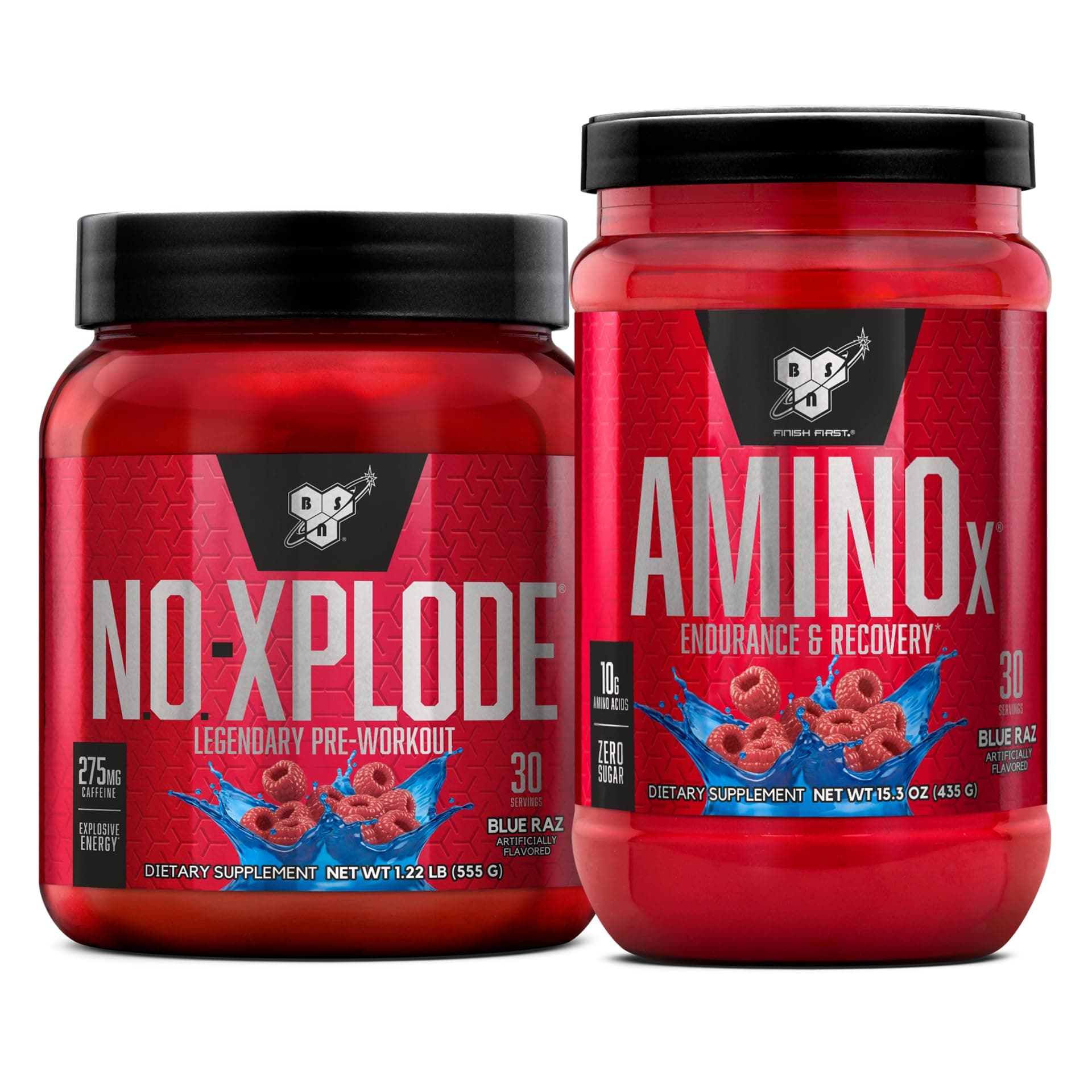BSN Workout Bundle of NO XPLODE Pre Workout Powder Blue Raz, 30 Servings Amino X Muscle Recovery Intra Workout Support, Caffeine Free Blue Raz, 30 Servings