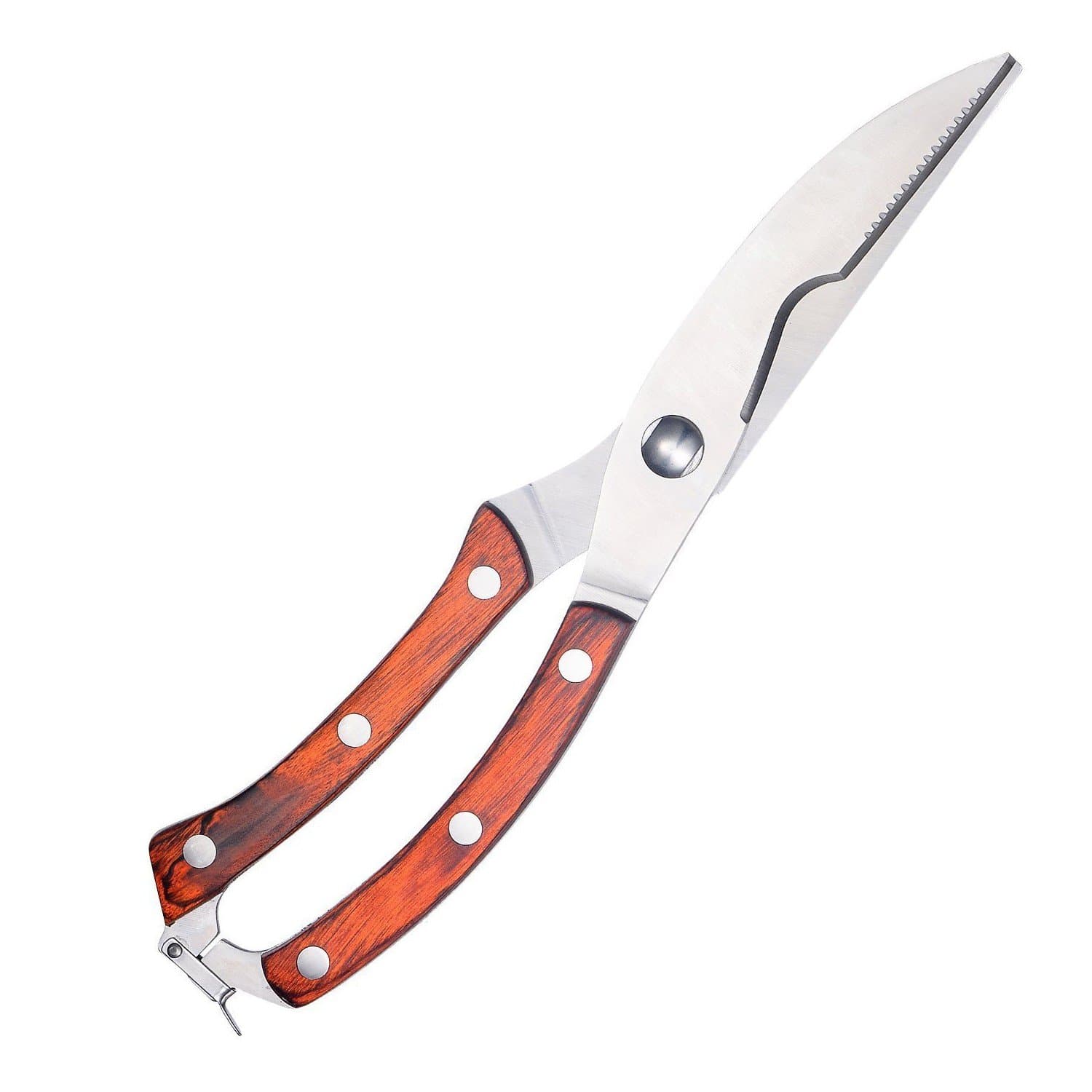 Kitchen Scissors Poultry Bone Shears - Heavy Duty Stainless Steel- Spring Loaded Shears - Sharp Blade- Safety Clip- Rust Free- Wooden Handle- For Poultry, Fish, Chicken, Beef, BBQ, Herbs by SameTech