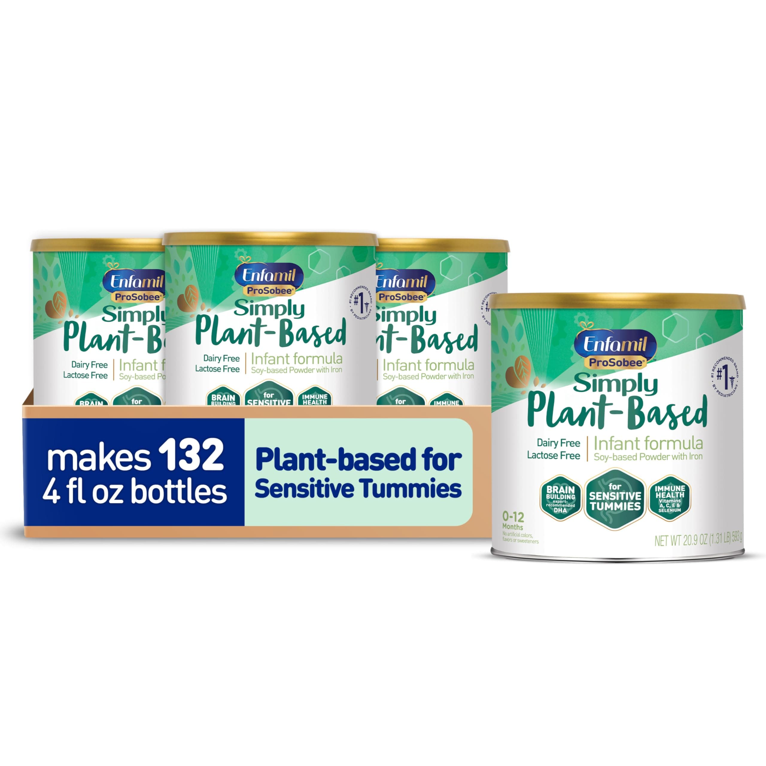Enfamil Prosobee Plant based Baby Formula, for Sensitive Tummies, Soy-based Plant Sourced Protein, Vitamins for Immune Support, Lactose-free, Milk free, Gluten free, 20.9 Oz Can, 4 Count