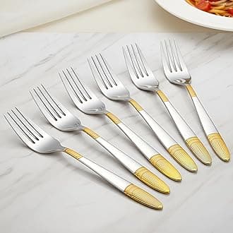 Parage 6 Pieces Stainless Steel 24k Golden Dinner Forks Set, 16 cm Premium Cutlery Set for Home & Kitchen, Luxury Dining Tableware Gift for House Warming,24 Karat Gold Plated Forks, Ivory Design