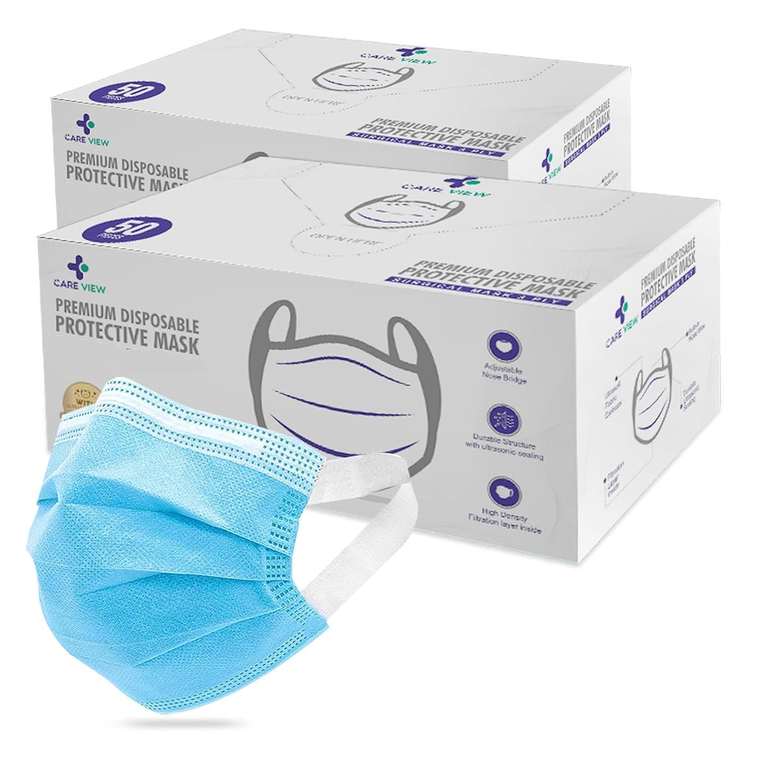 - 3 Ply Disposable Face Mask Box with FABRIC Earloop and built in Nose Pin (Pack of 100, BLUE)
