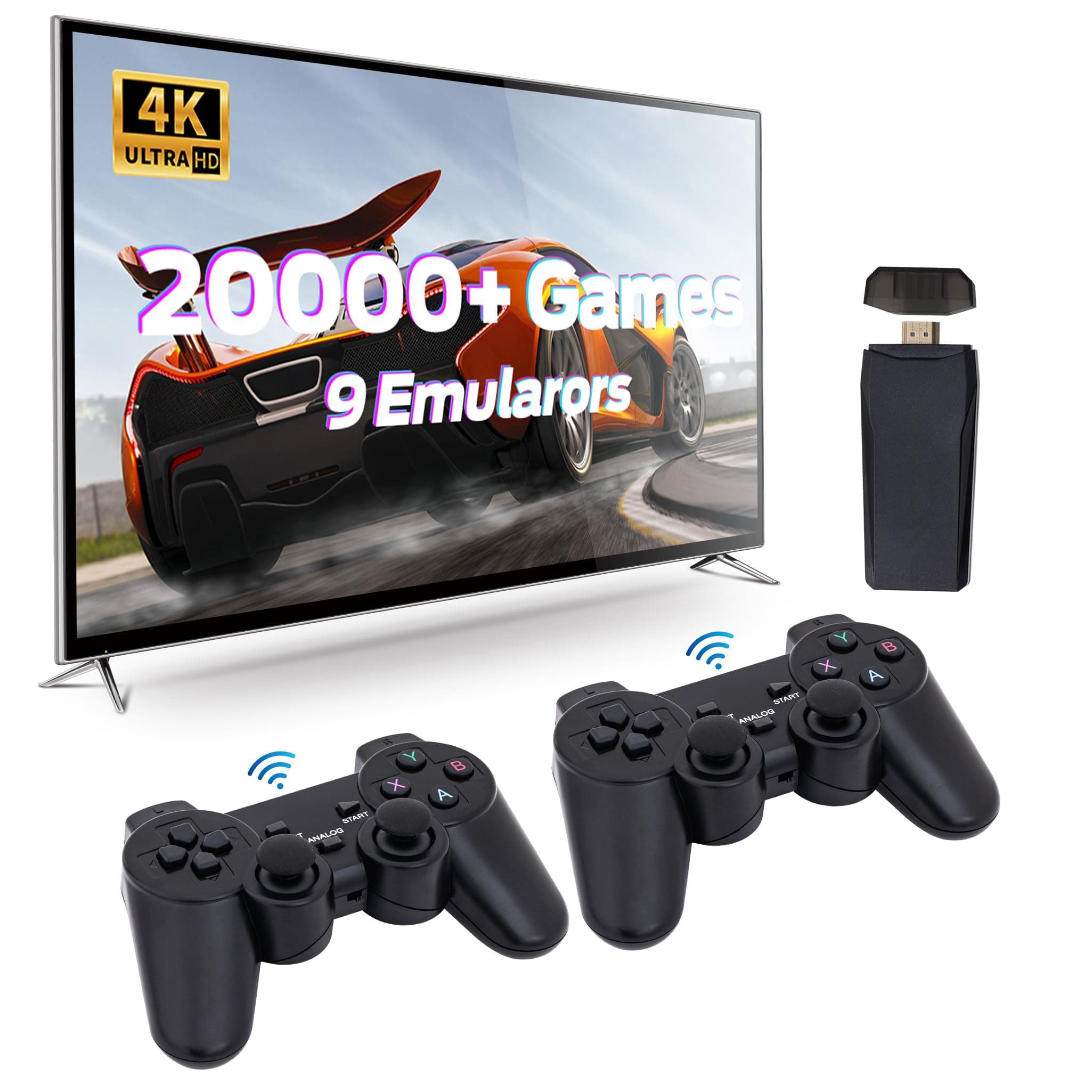 Game, Wireless Retro Stick Game Console, Plug & Play Video TV Game Stick with 20500+ Games Built-in, 64G, 4K HDMI Output, Dual 2.4G Wireless Controllers, Black