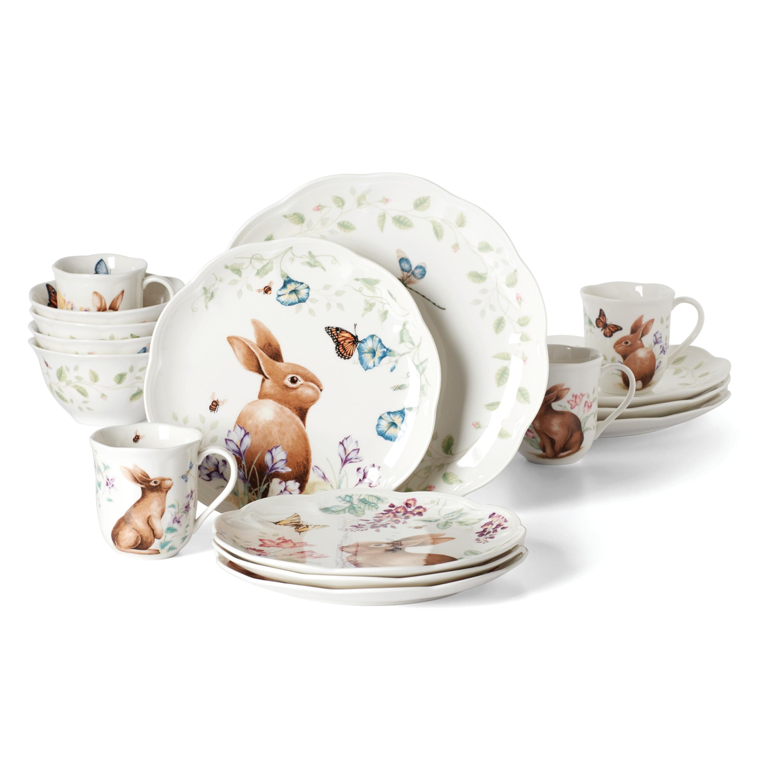 Dinnerware Set, Butterfly Meadow Bunny 16-Piece Set, Service For 4, Dishwasher Safe, Microwave Safe, Made Of Porcelain, Bowls And Mugs, Plates And Bowls, Easter Dish (Assorted, 16 Pieces)