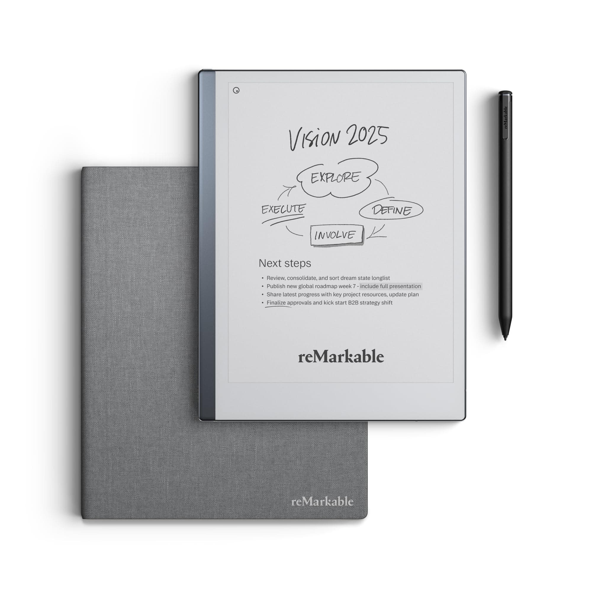 Essentials Bundle – Gray | reMarkable 2 Paper Tablet | Includes Black and White 10.3” Writing Tablet, Marker Plus Pen with Eraser, Book Folio Cover in Gray Weave