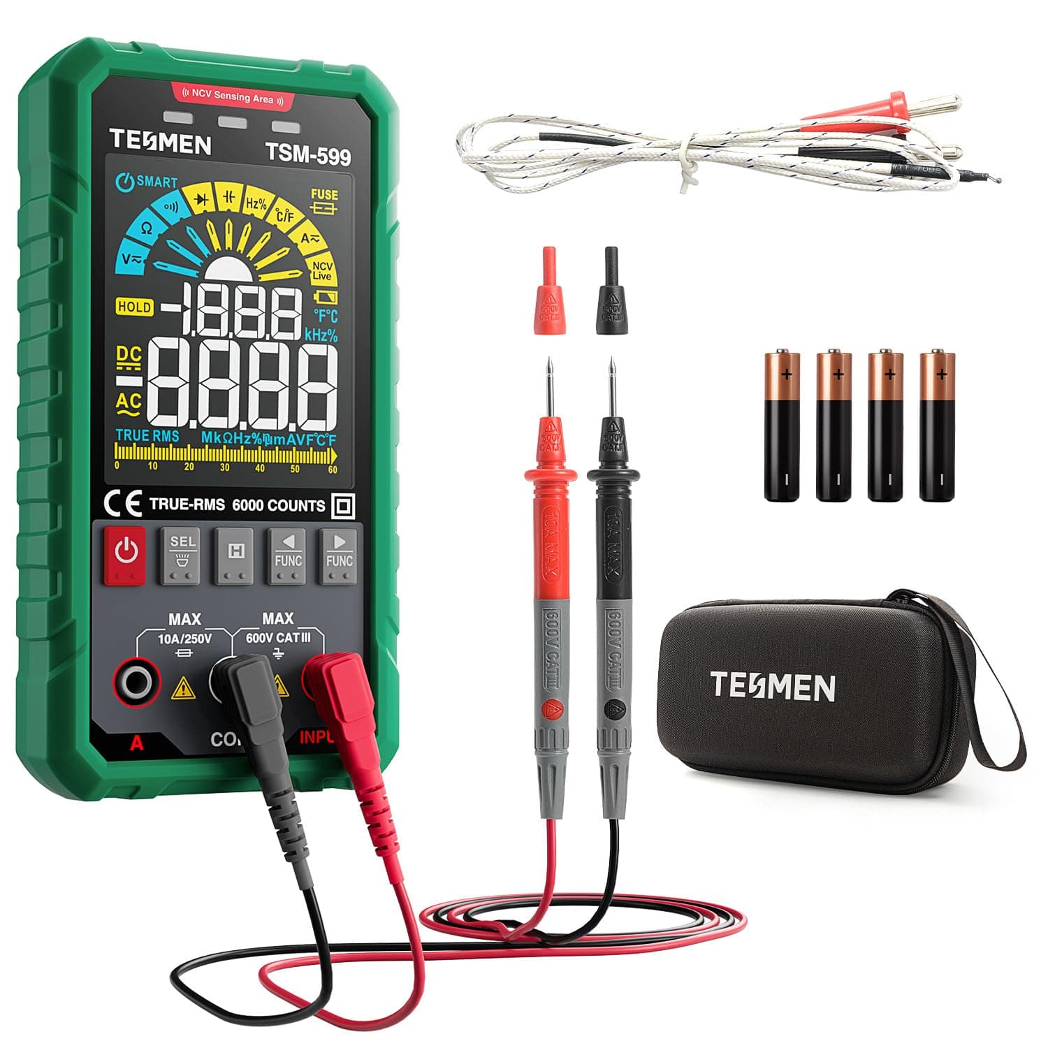 TSM-599 Smart Digital Multimeter, TRMS 6000 Counts, Voltage Tester, Volt Meter with NCV, DC/AC Voltage&Current, Resistance, Continuity, Diode, Capacitance, Hz%, Temperature, Live Wire - Green