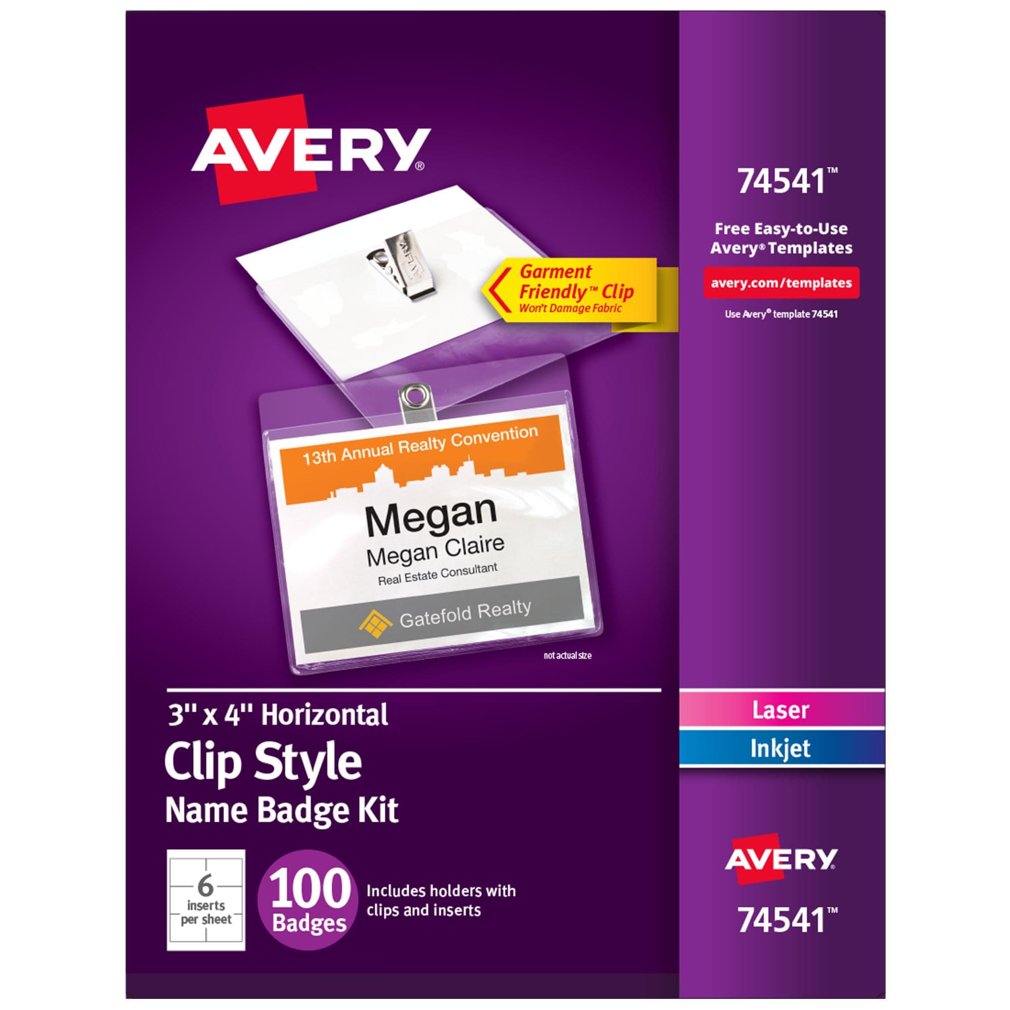 Avery Customizable Name Badges, Clip Style, 3" x 4", Clear Name Tag Holders, White Laser/Inkjet Printable Inserts, 100 Total (74541)