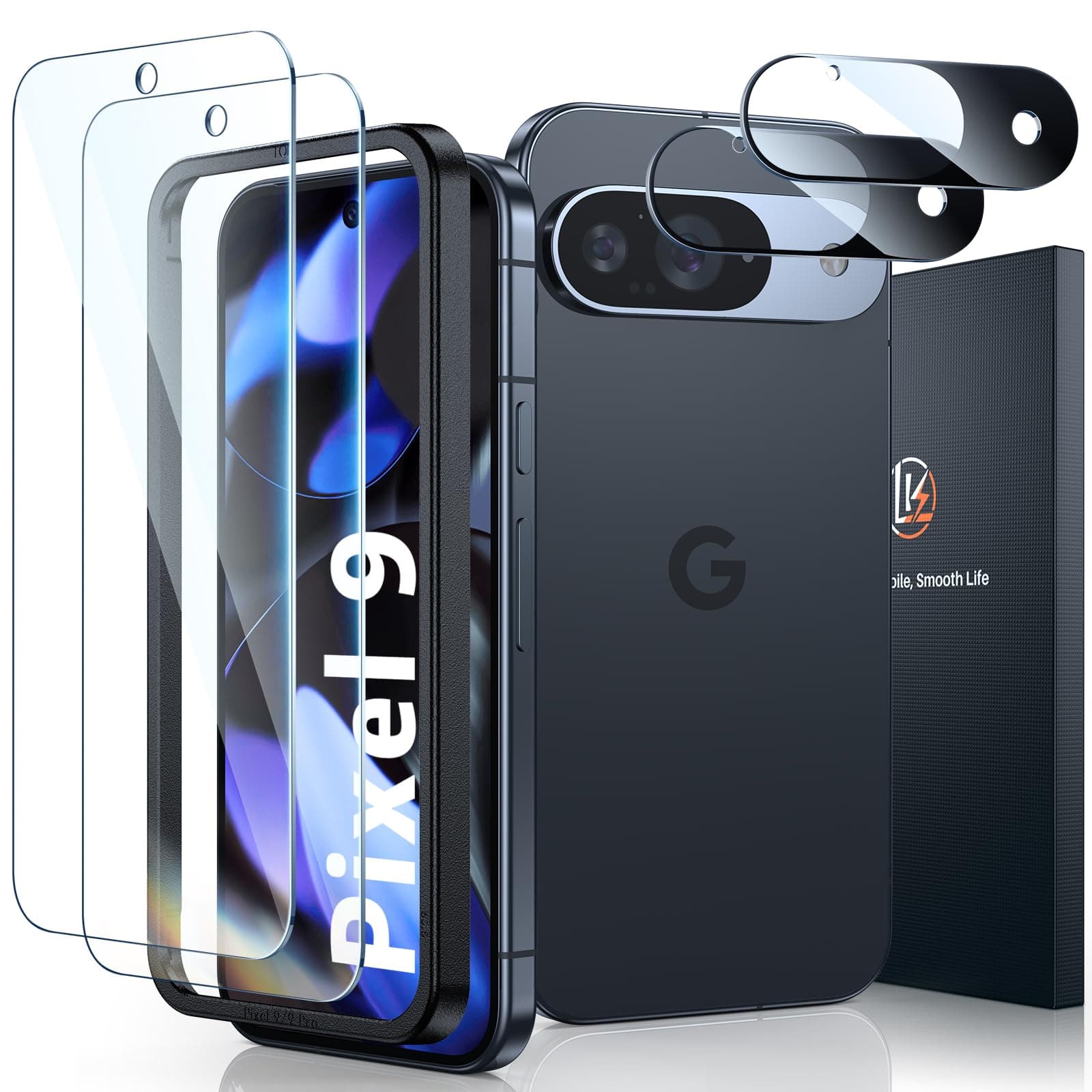 2+2 Pack Screen Protector for Google Pixel 9, 2pcs Tempered Glass Screen Protector & 2pcs Camera Lens Protector for Pixel 9, HD Screen, Anti- Scratch, Easy Installation
